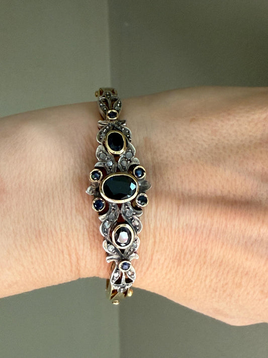Vintage Italian Natural Sapphire and Diamond 18K Yellow Gold and Sterling Silver Topped Bangle Bracelet