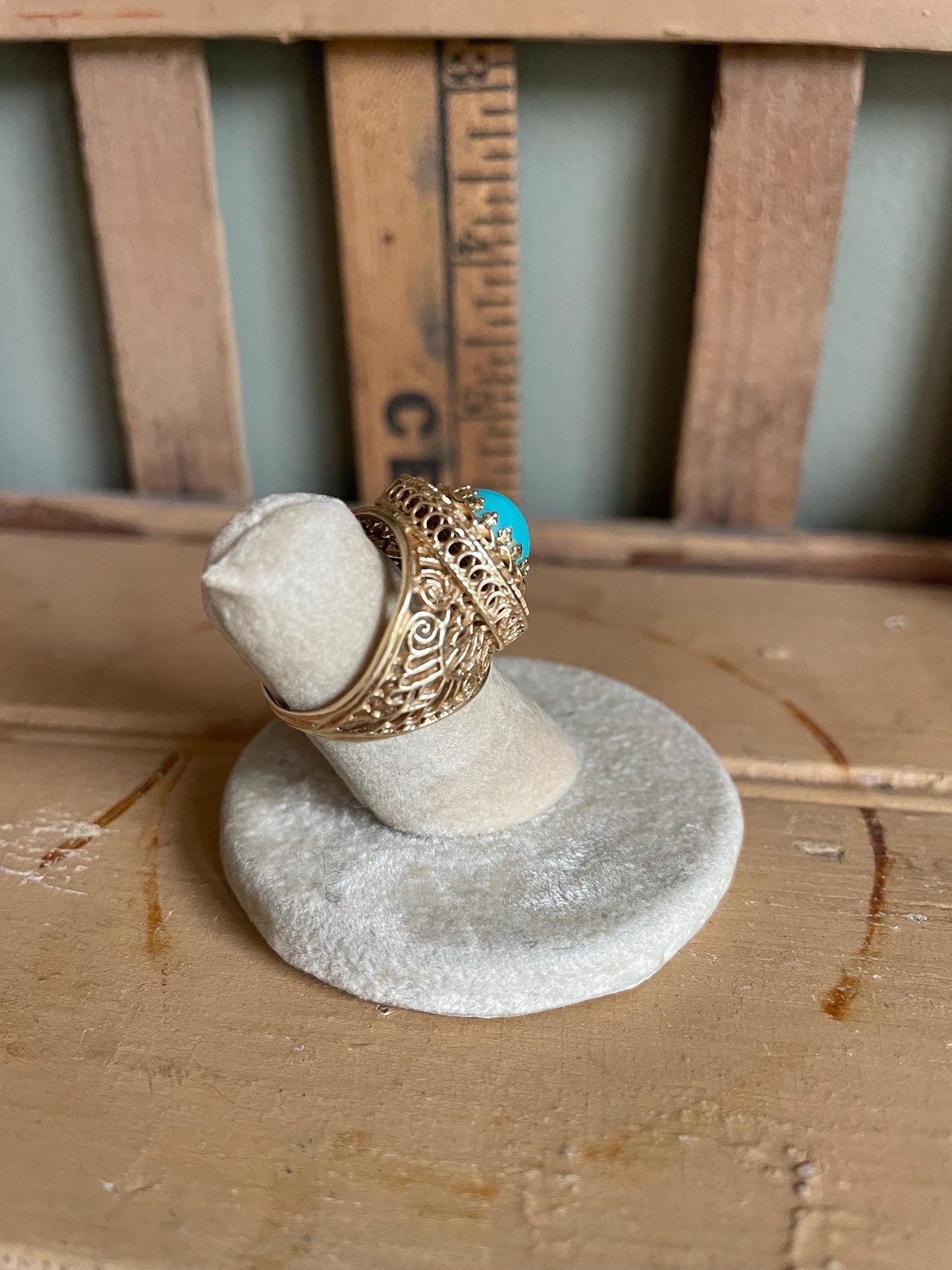 14K Yellow Gold Large Filigree Imitation Turquoise Ring