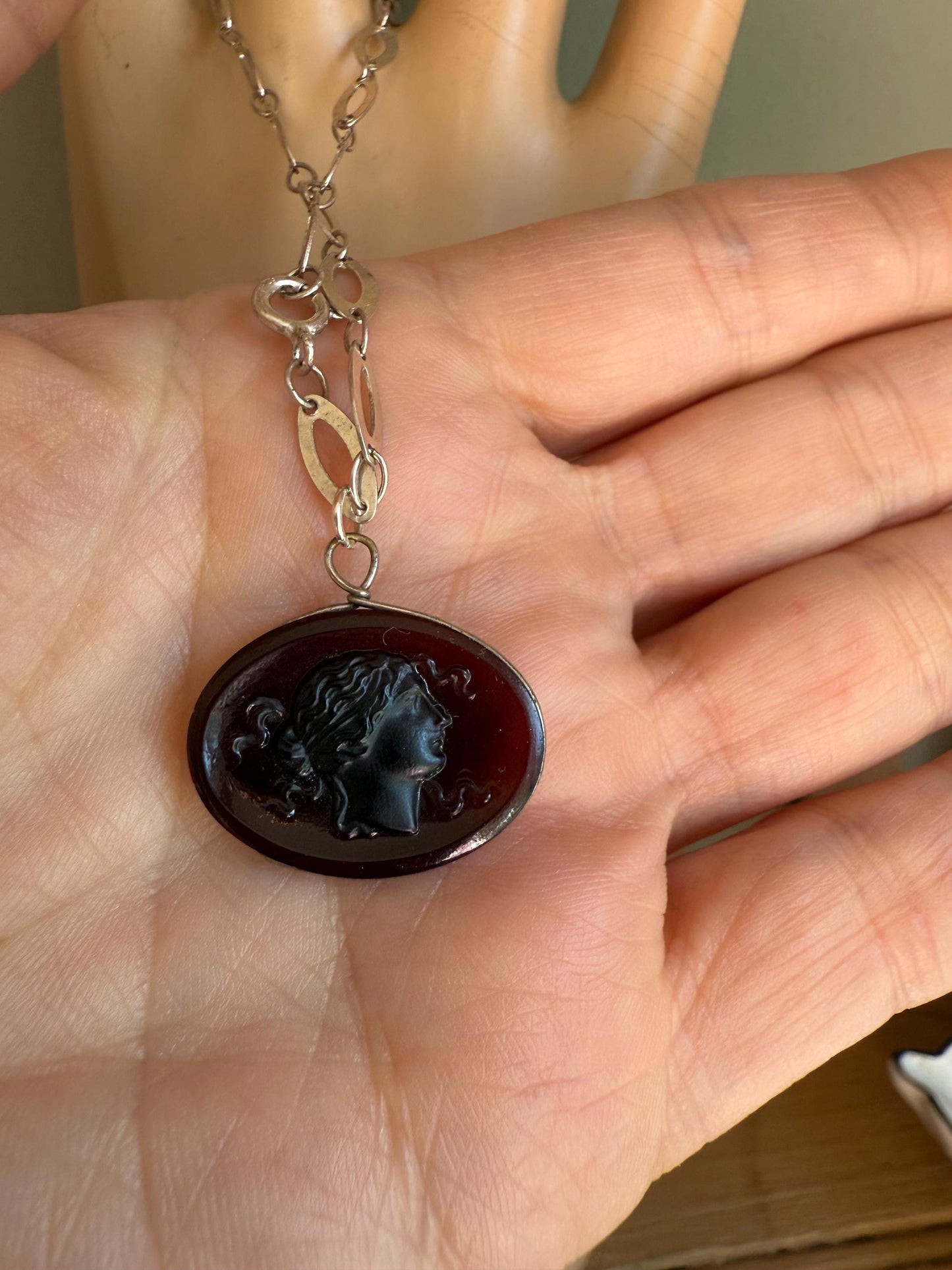 An Antique Glass Tassie Intaglio of a Lady in Profile on a Sterling Silver Bracelet