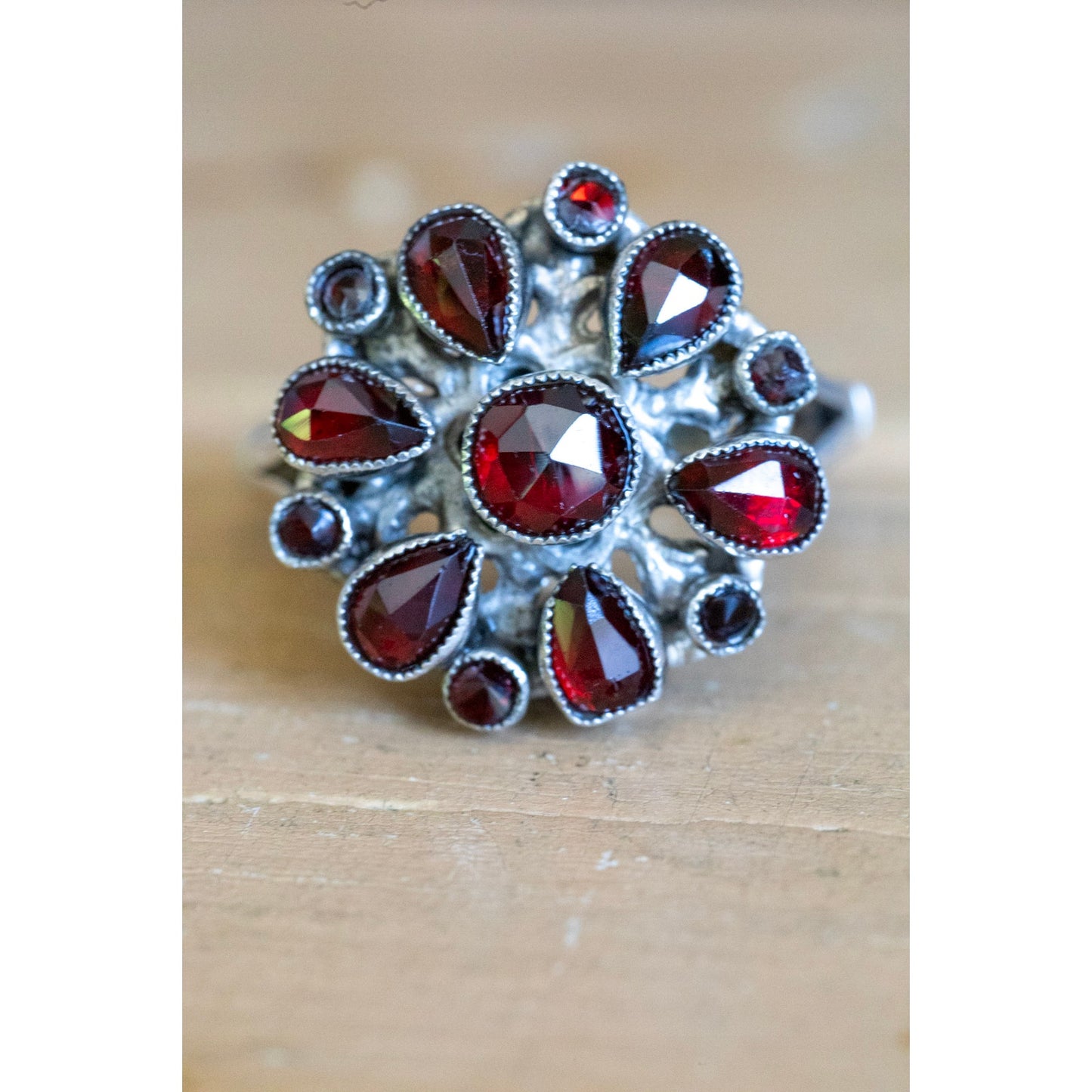 Antique Austro Hungarian Bohemian Cut Garnet Ring in Silver