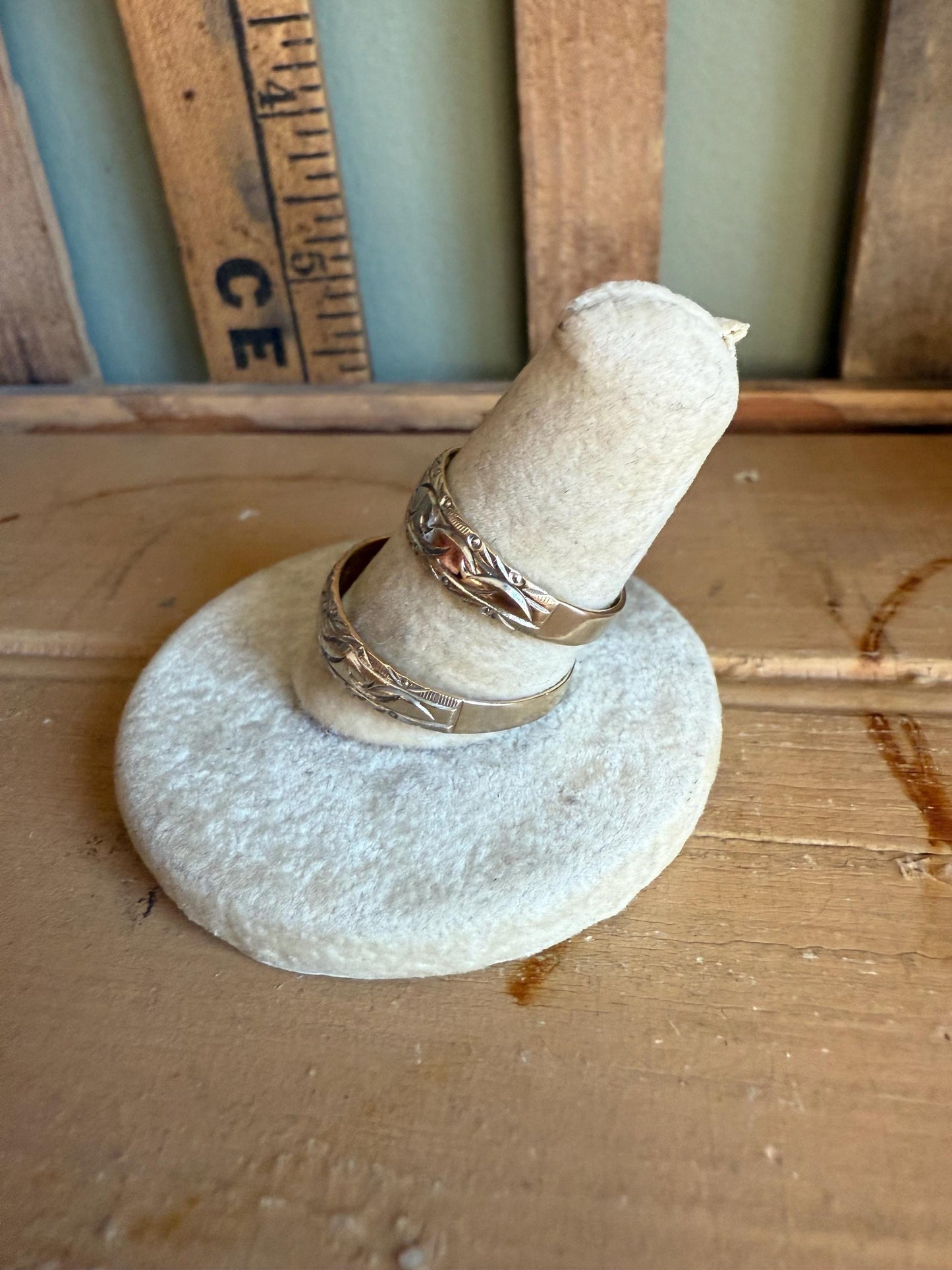 A Rare Matching Mid Century Bi Color 14K Engraved Wedding Bands