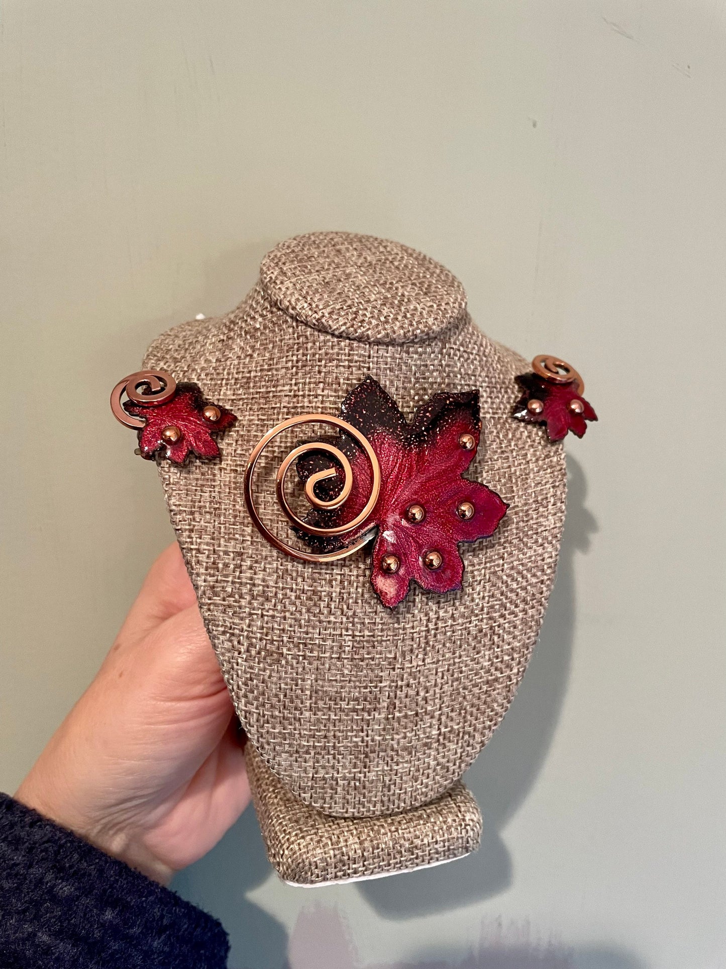 C1960 Matisse Enamel Copper Leaf Brooch and Clip Earrings