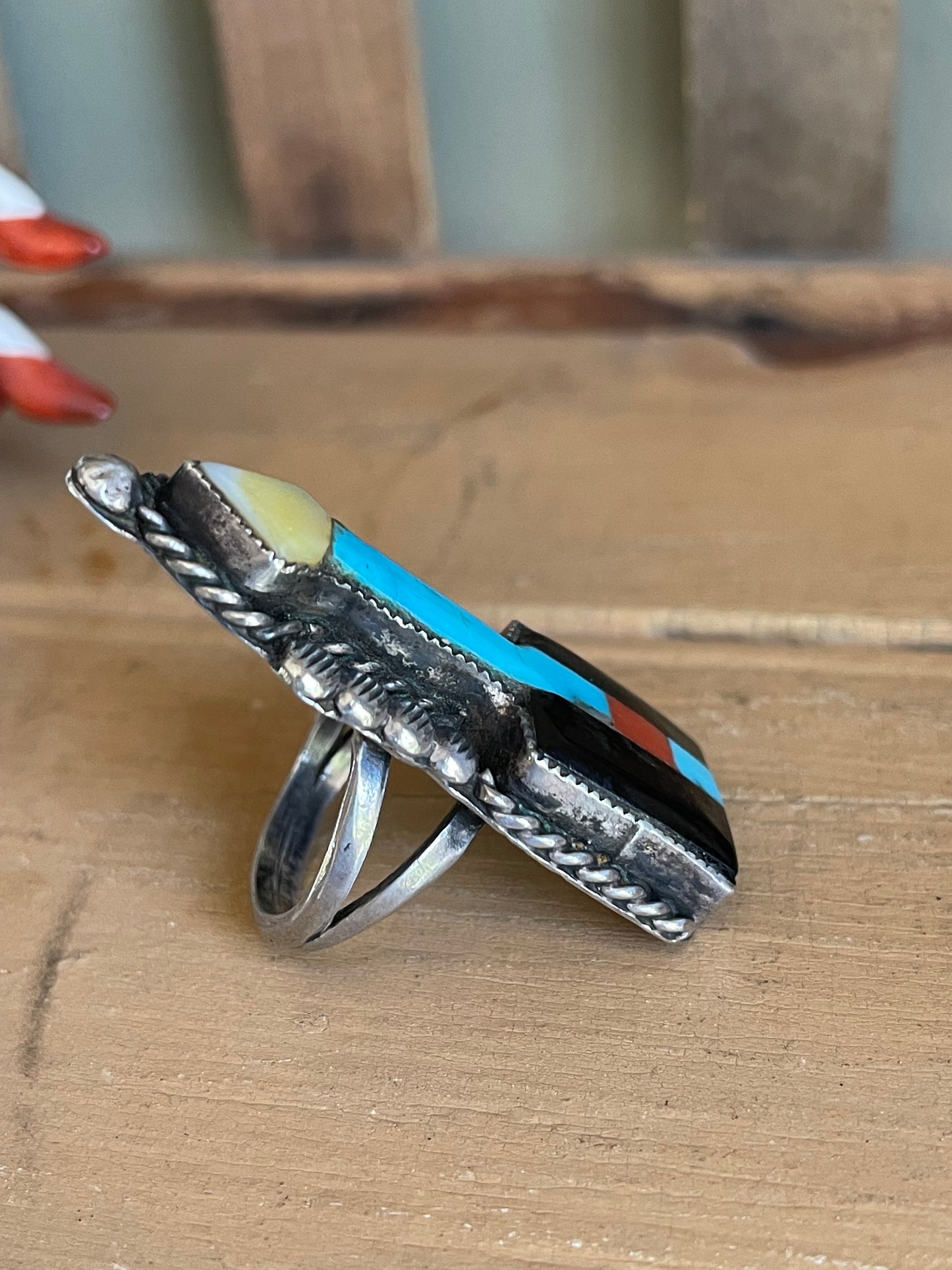 1920-1950 John Gordon Leek Zuni Inlay Arrow Ring Sterling Silver