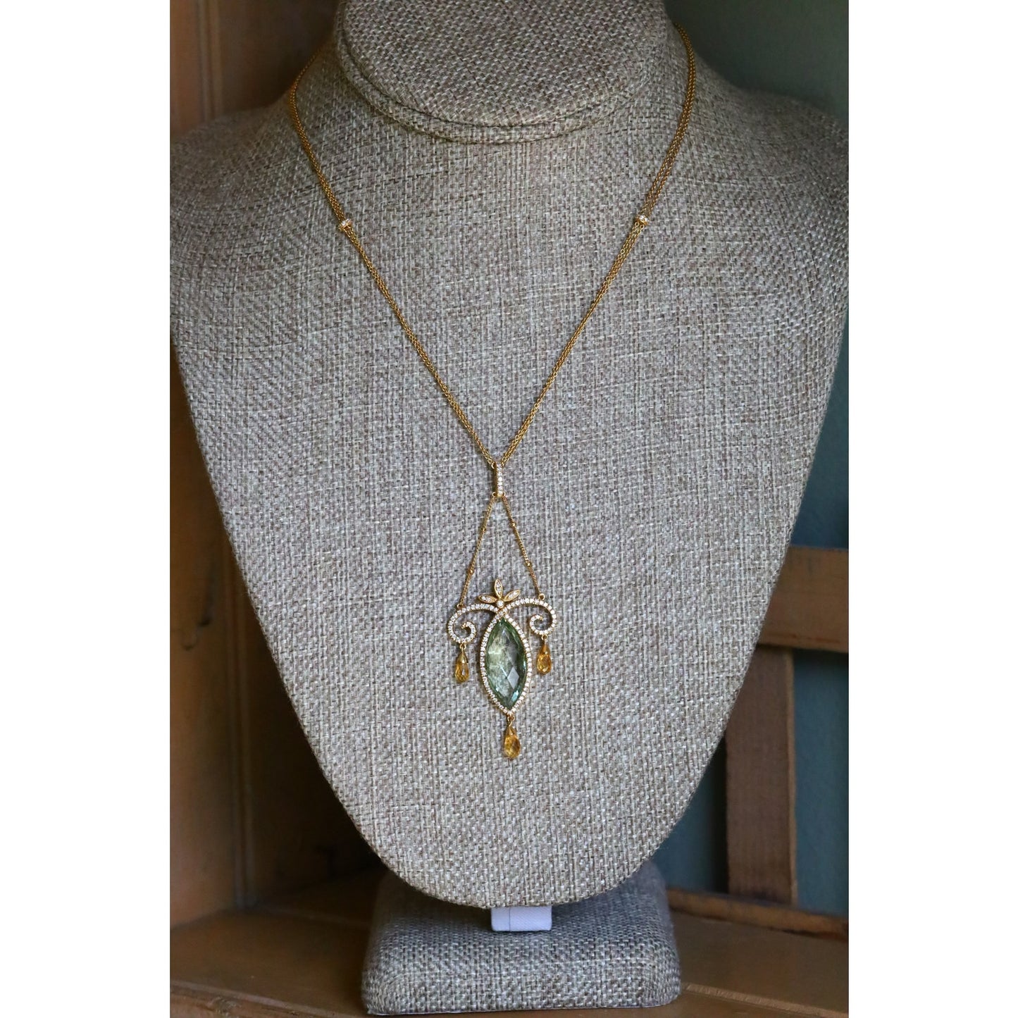 Vintage 18K Yellow Gold Art Nouveau Inspired Prasiolite, Diamond and Citrine Necklace