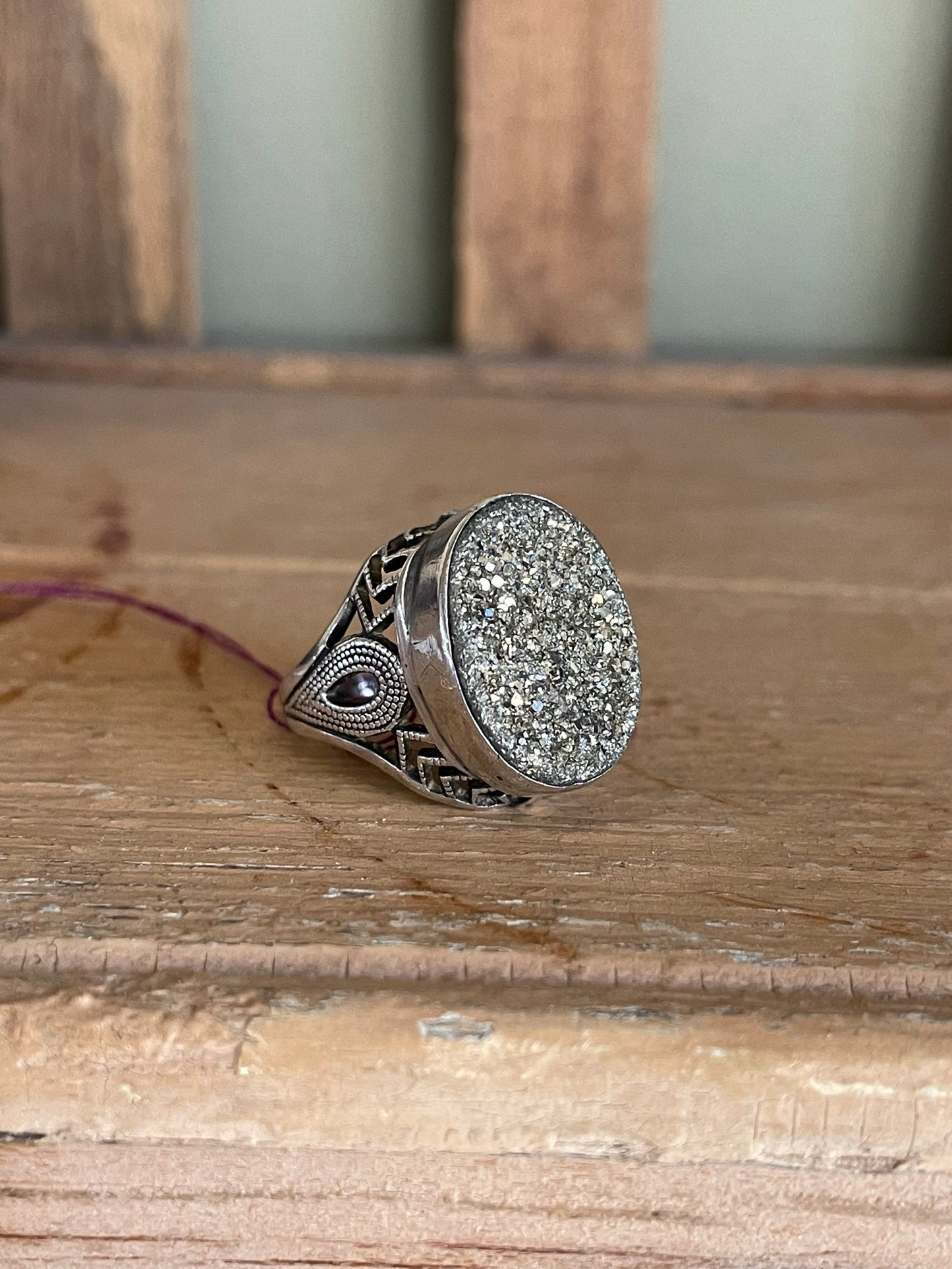 Vintage Filigree Sterling Silver Pyrite Druzy Ring - Size 5.25