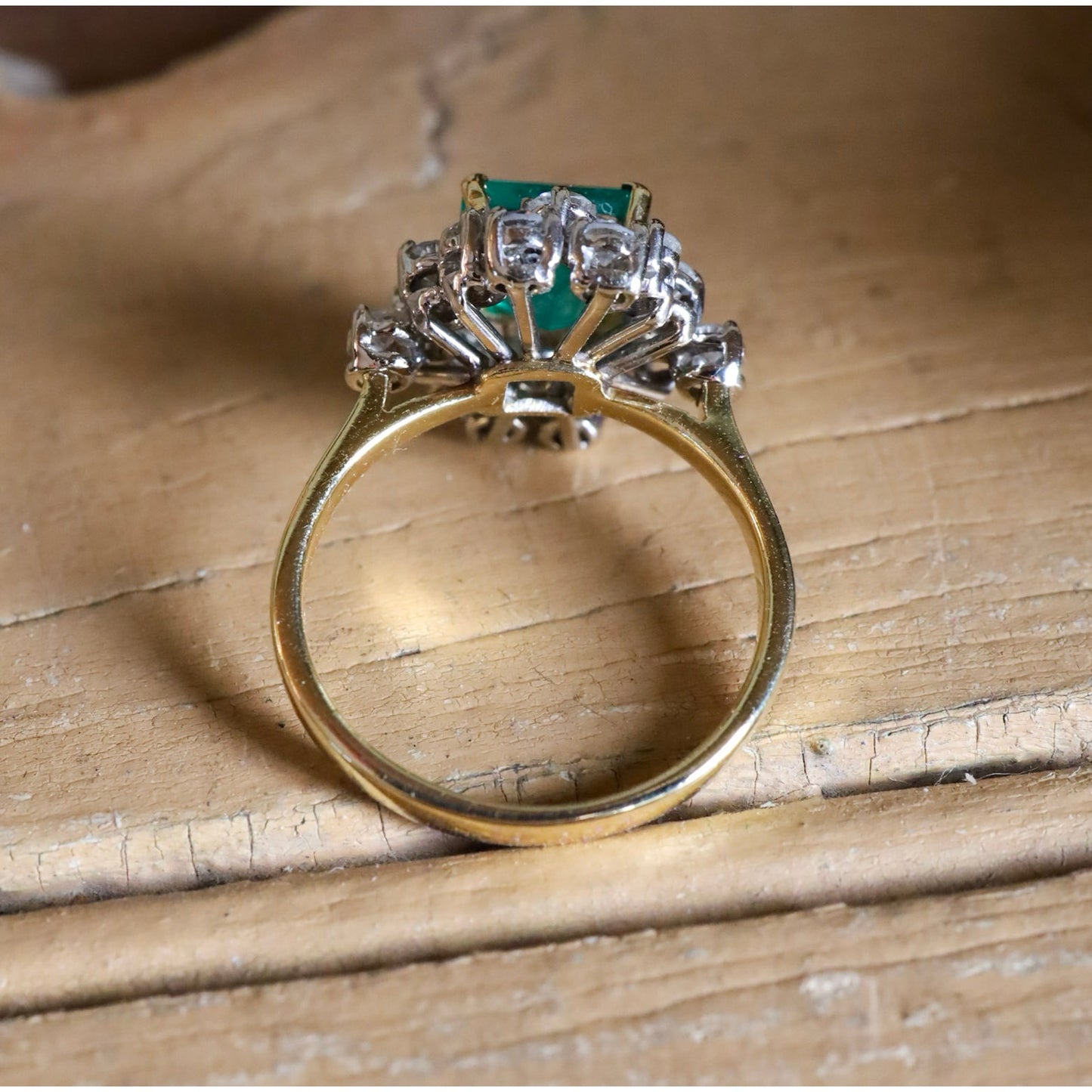 Vintage 18K Yellow Gold Custom Designed Natural Emerald and Diamond Ring