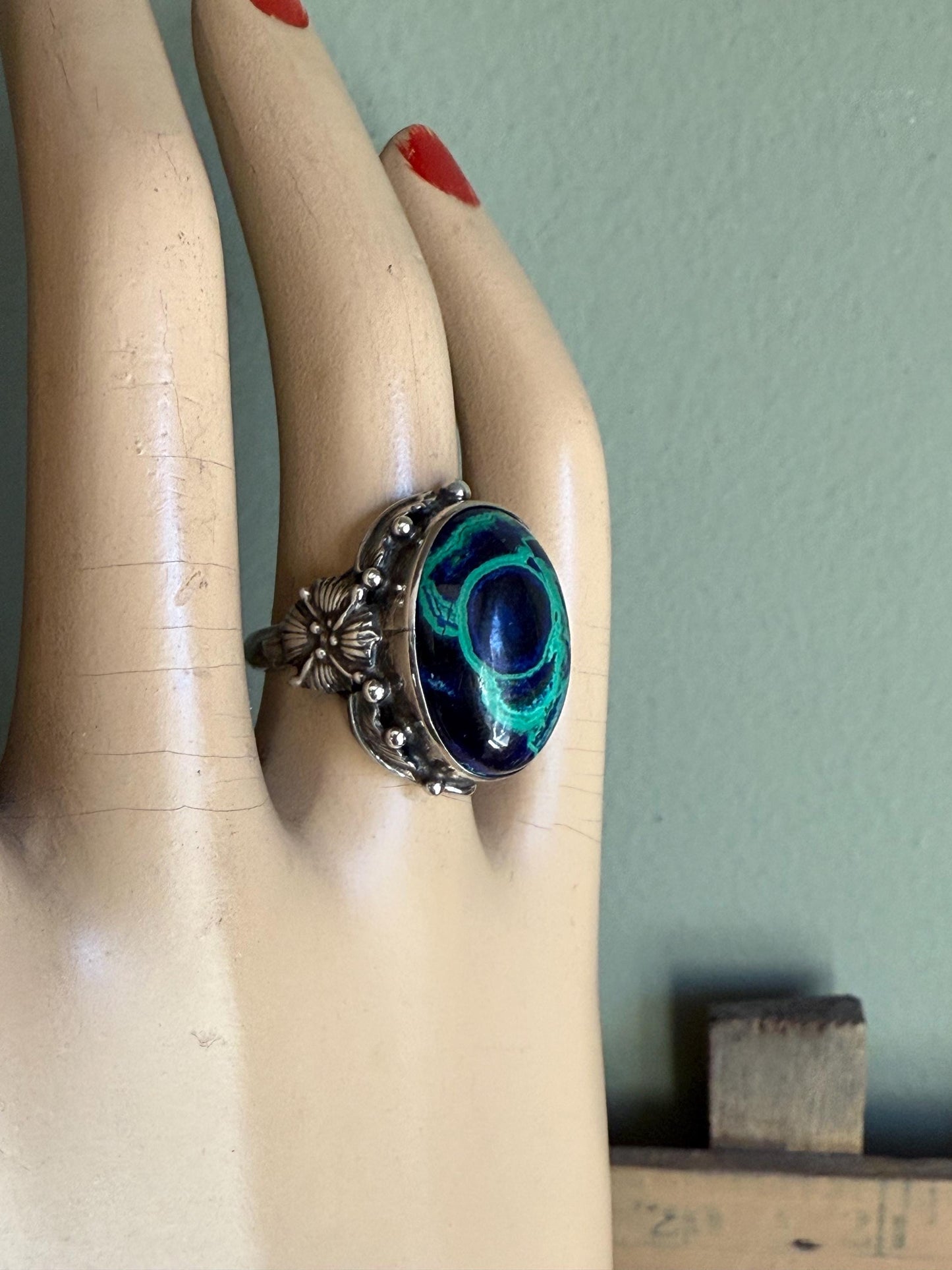 Vintage Sterling Silver Azurmalachite Arts and Crafts Style Ring