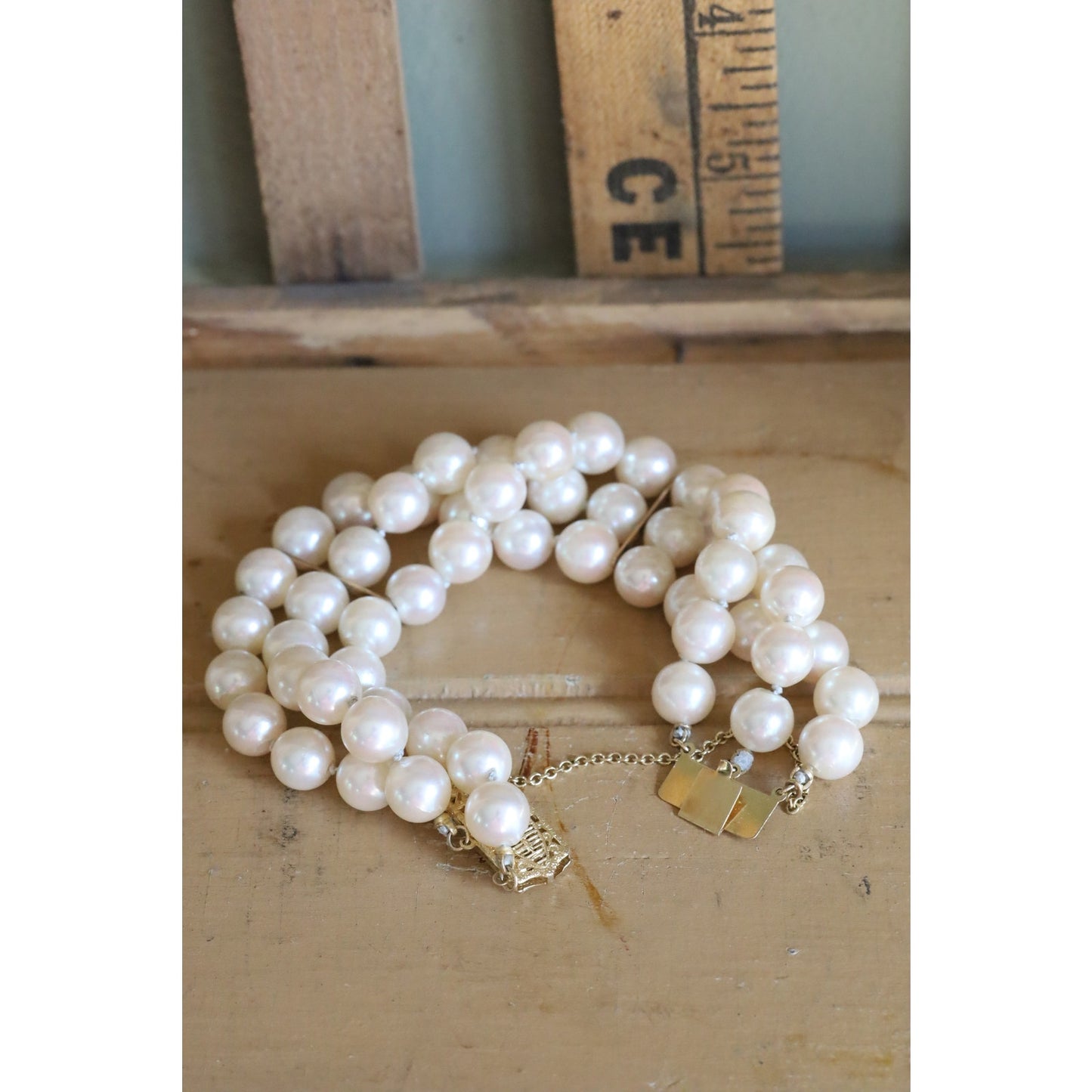 Vintage 14K Yellow Gold Wide Three Strand Pearl Bracelet