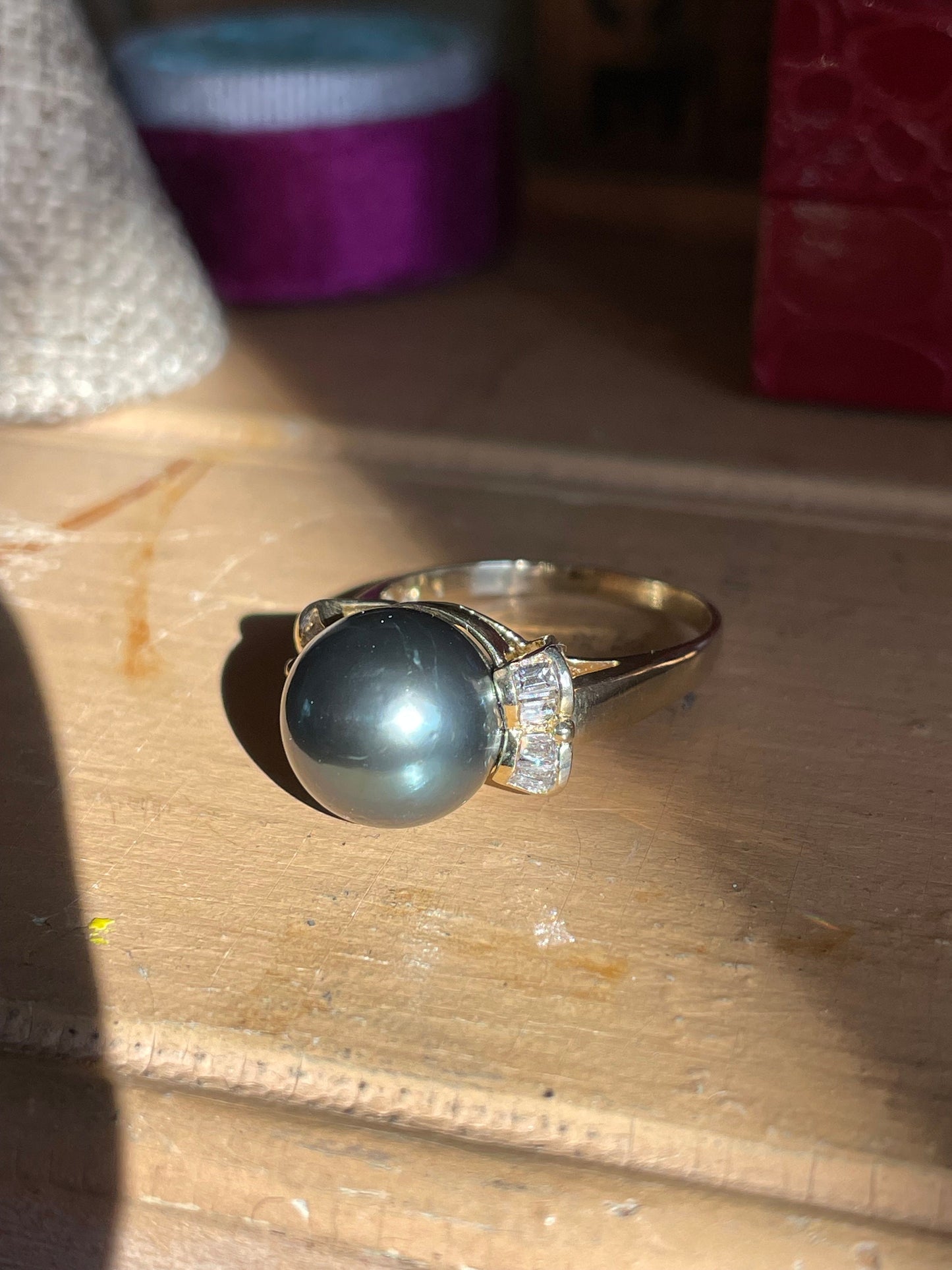 14K Yellow Gold 11mm Tahitian Pearl & Baguette Cut Diamond Ring