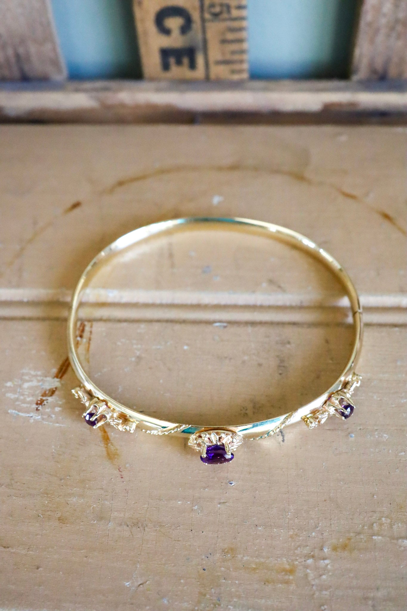 14K Yellow Gold Victorian Revival Amethyst Bracelet Bangle