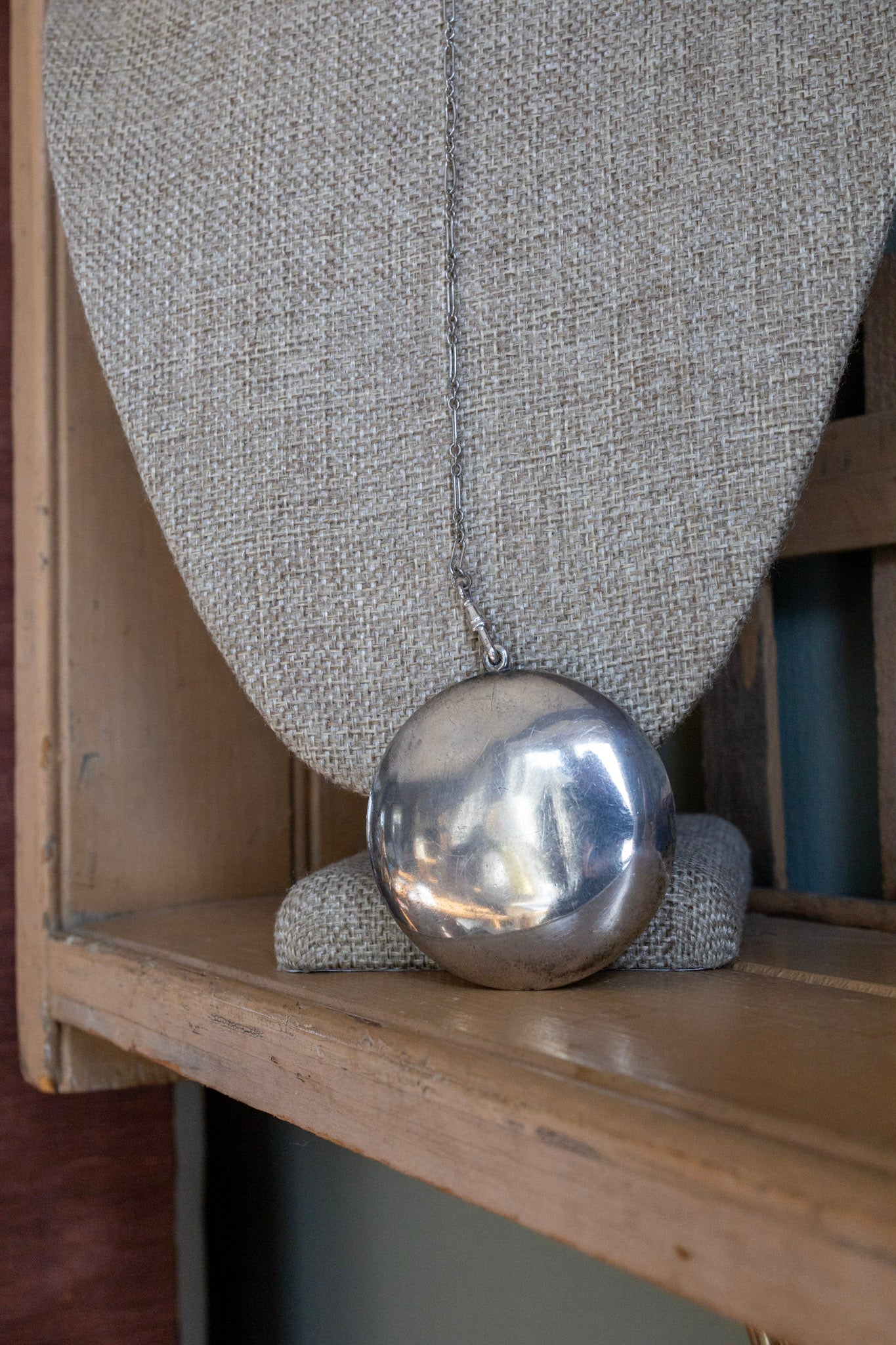 c1920 Art Deco Hand Engraved Round Locket Style Compact on Long Chain