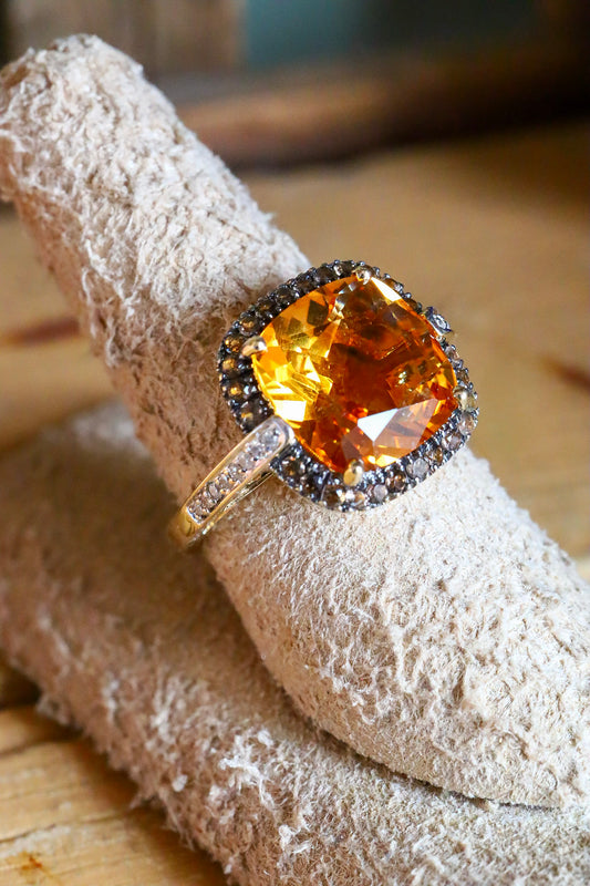 Vintage 14K Yellow Gold Cushion Cut Citrine and White and Chocolate Diamond Halo Ring