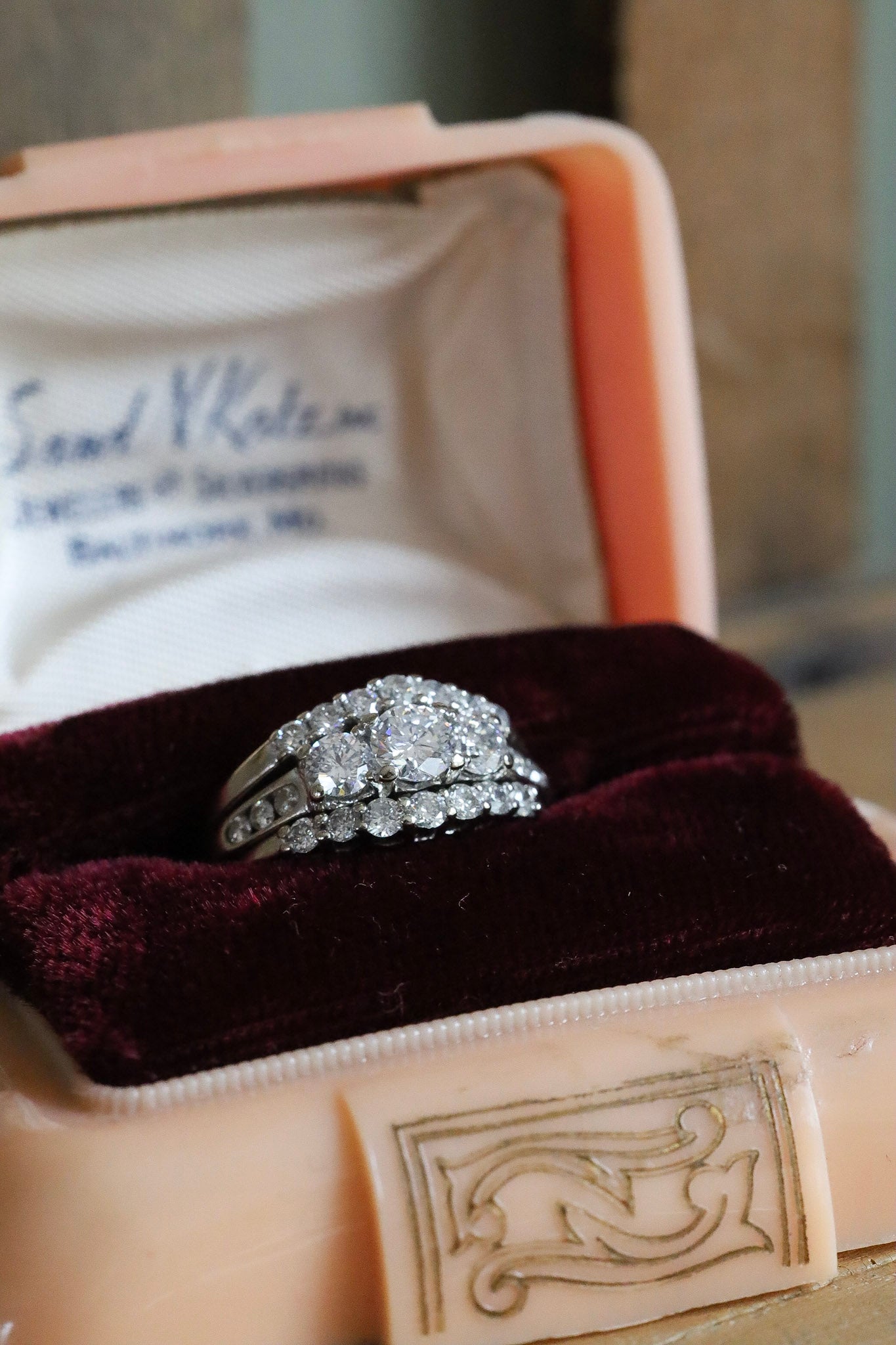 A 14K White Gold Past, Present, Future Natural Diamond Ring with Two Diamond Bands