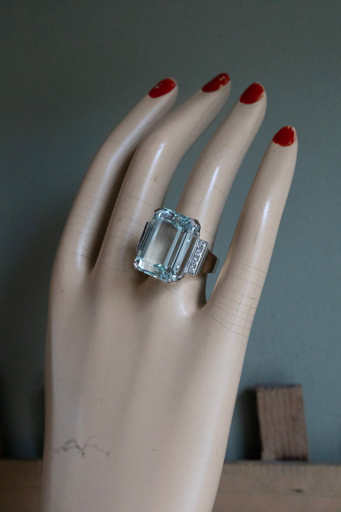 Mid Century Bold 14K White Gold 23 Ct Emerald Cut Aquamarine and Diamond Cocktail Ring