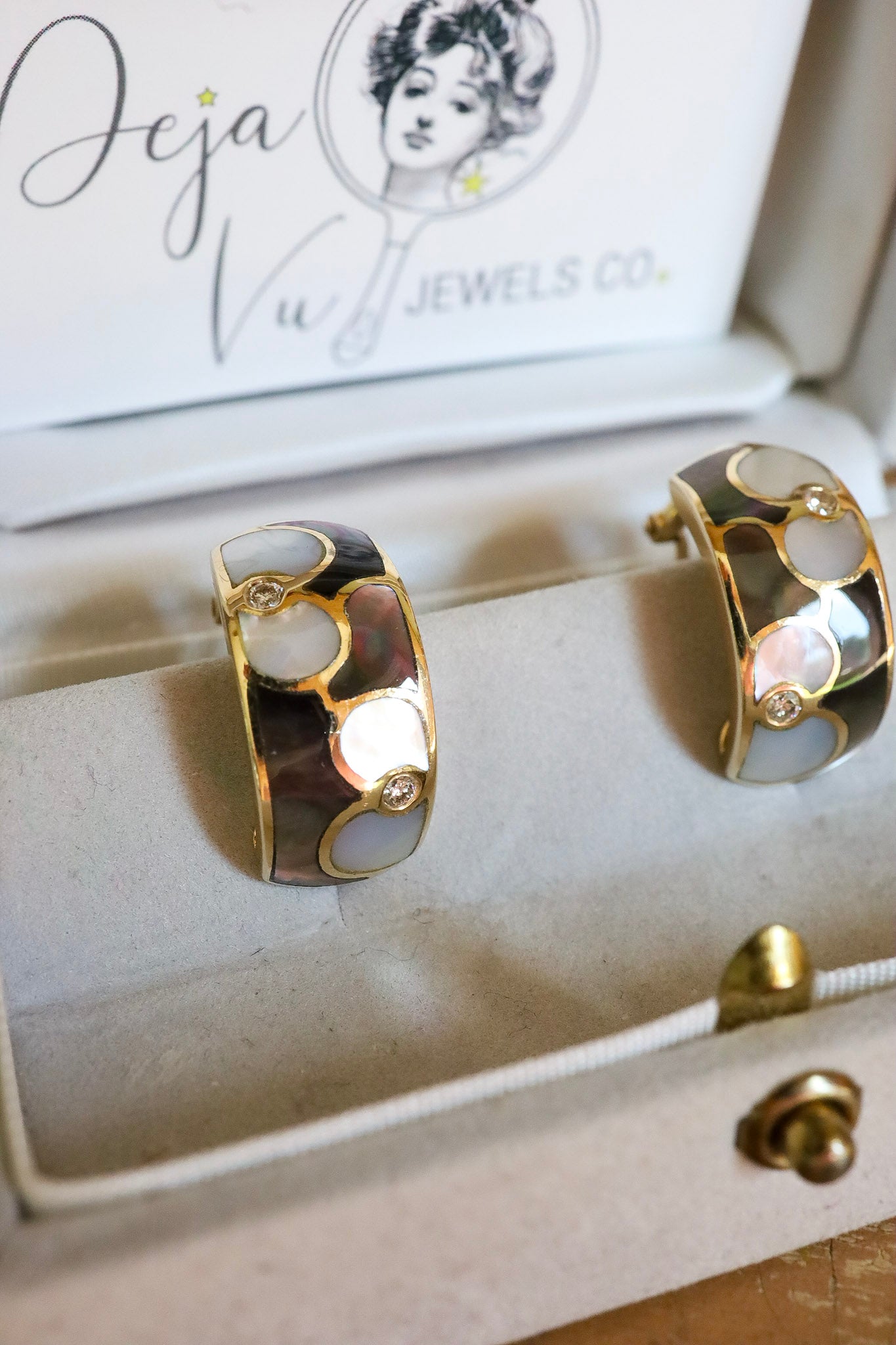 Designer Asch Grossbardt Inlay 18K Yellow Gold Half Hoop Earrings