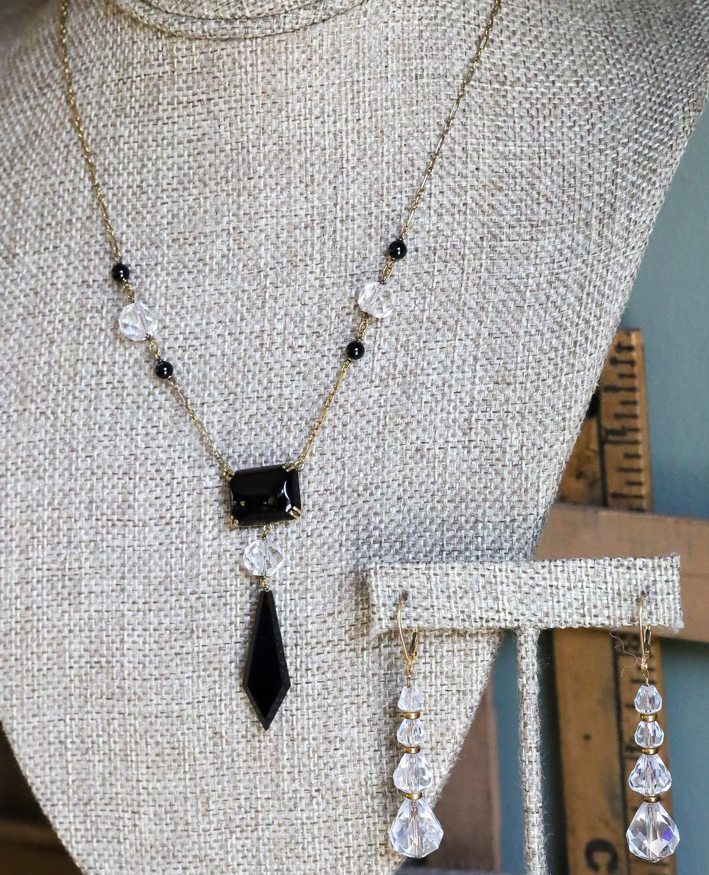 c1940 14K Yellow Gold Onyx and Crystal Necklace and Earrings
