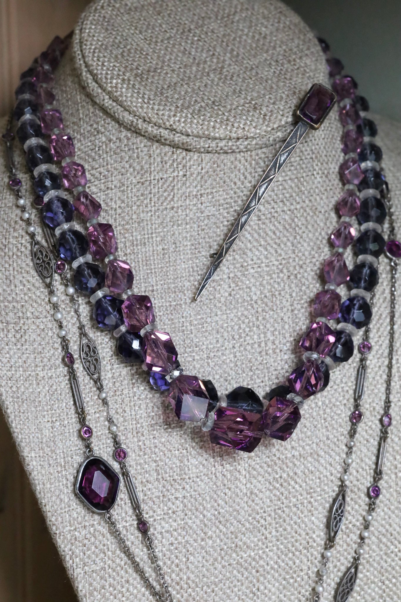 c1900 Antique Long Watch Chain with Glass Amethyst and Pearls