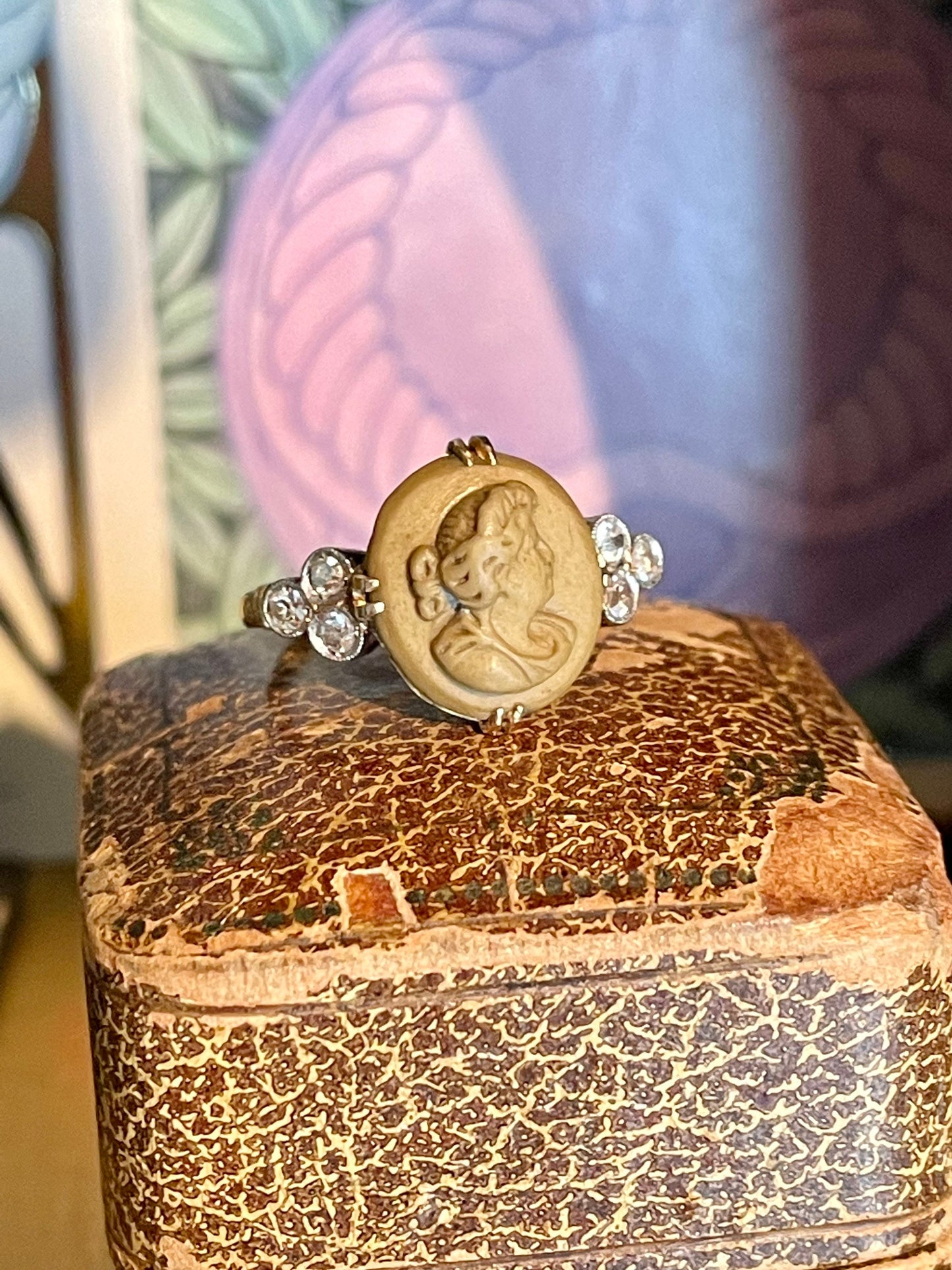 Late Victorian 14K Yellow Gold Lava Cameo with Diamonds