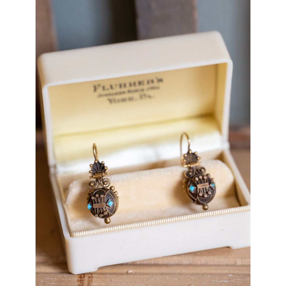 14K Bloomed Gold Victorian Antique Etruscan Revival Turquoise Dangle Earrings