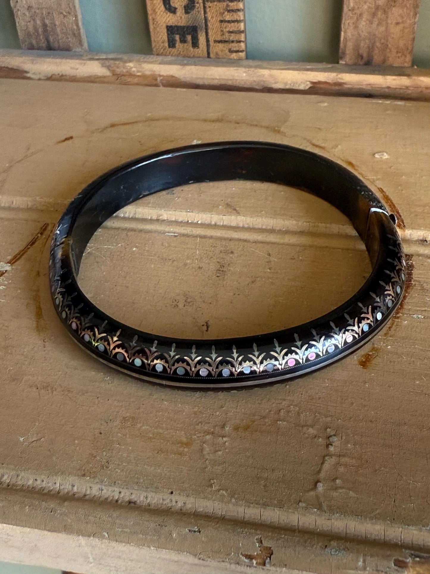 Antique Victorian Silver and Mother of Pearl Pique Inlay Bracelet