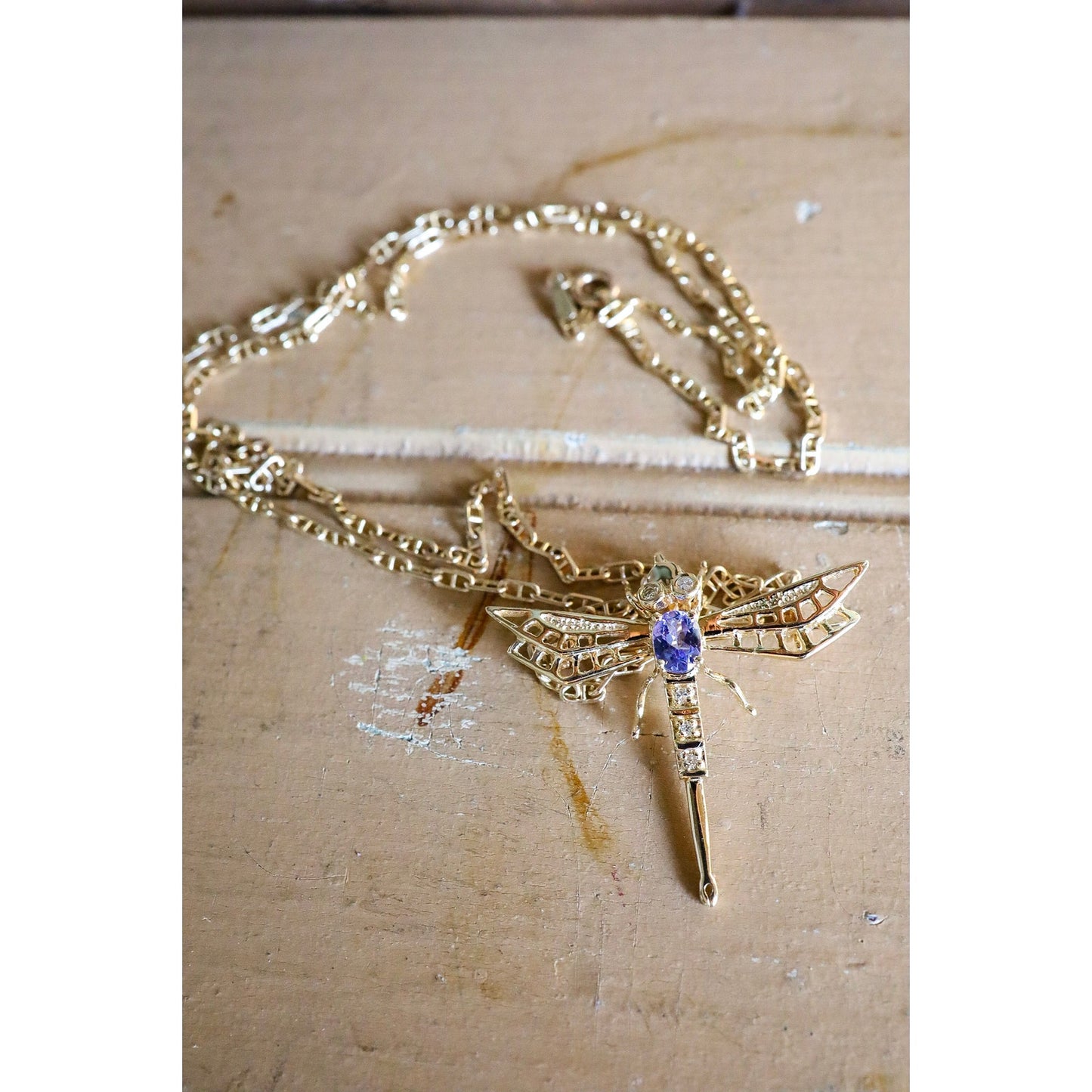 A 14K Yellow Gold Tanzanite and Diamond Dragonfly Brooch Pendant