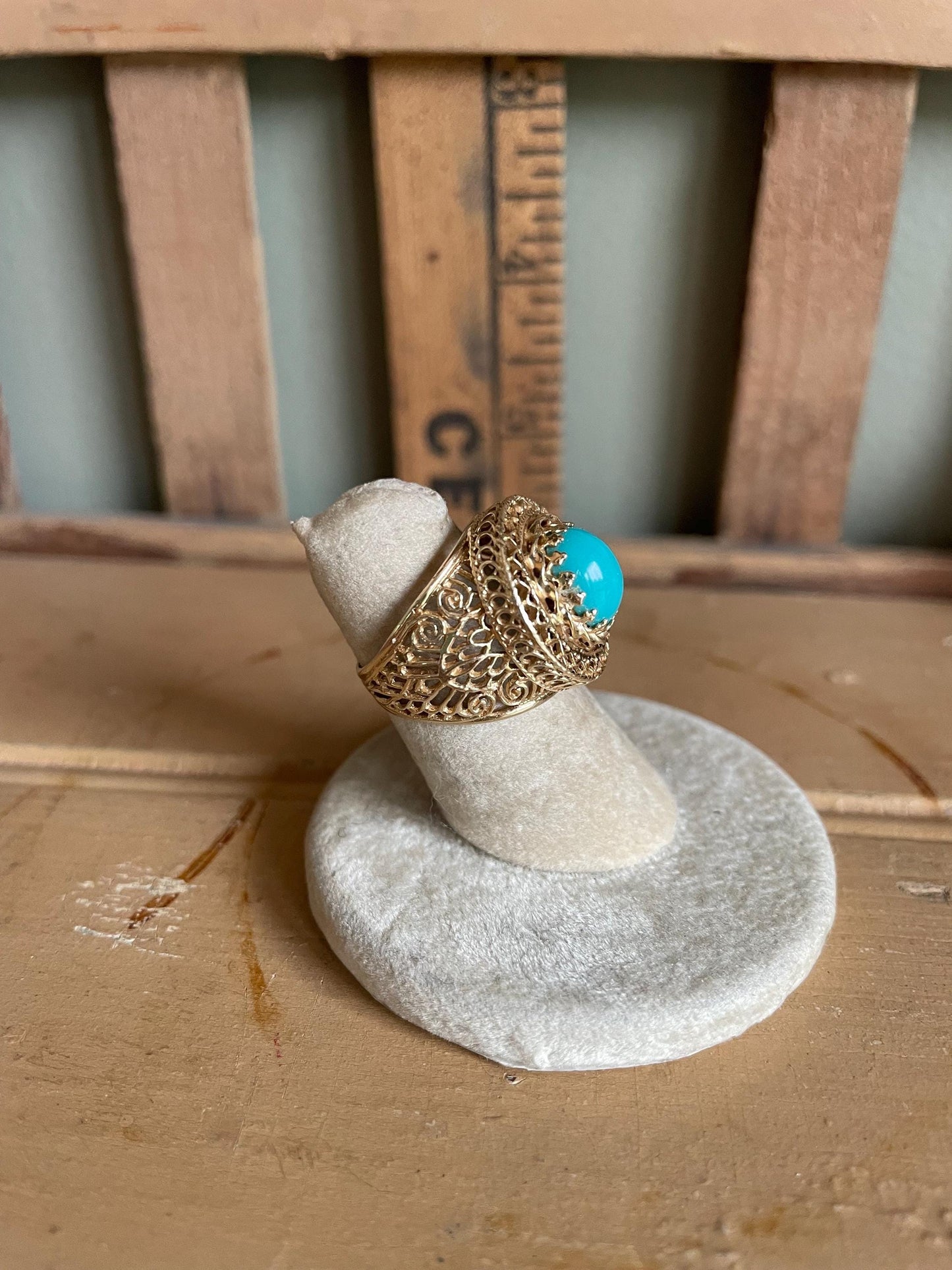 14K Yellow Gold Large Filigree Imitation Turquoise Ring