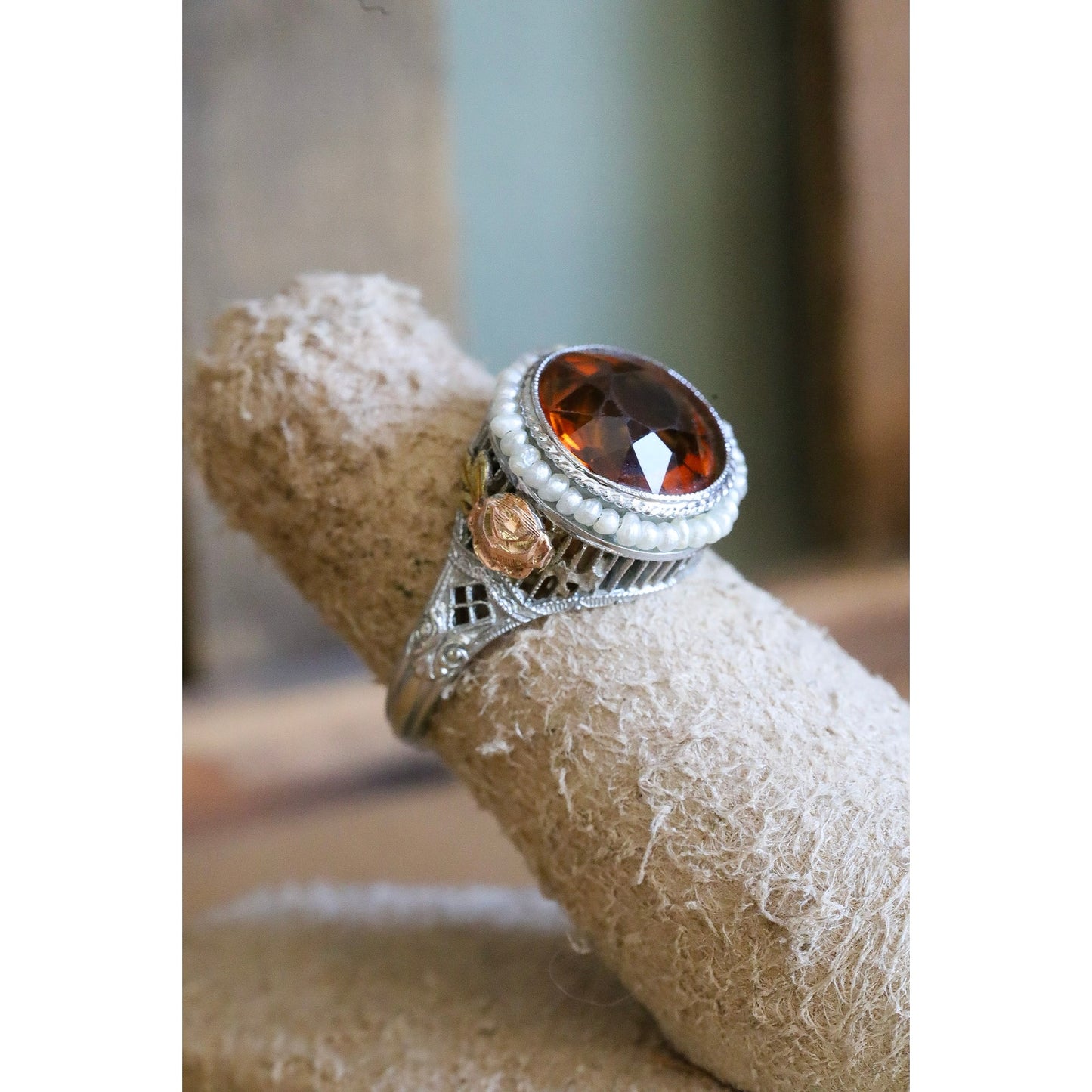 c1930 Art Deco 14K White, Rose, Green Gold Filigree Maderia Citrine and Seed Pearl Ring