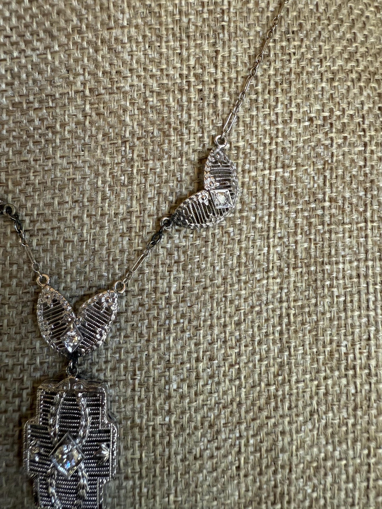 Vintage Art Deco 14K White Gold Filigree Diamond Set Necklace