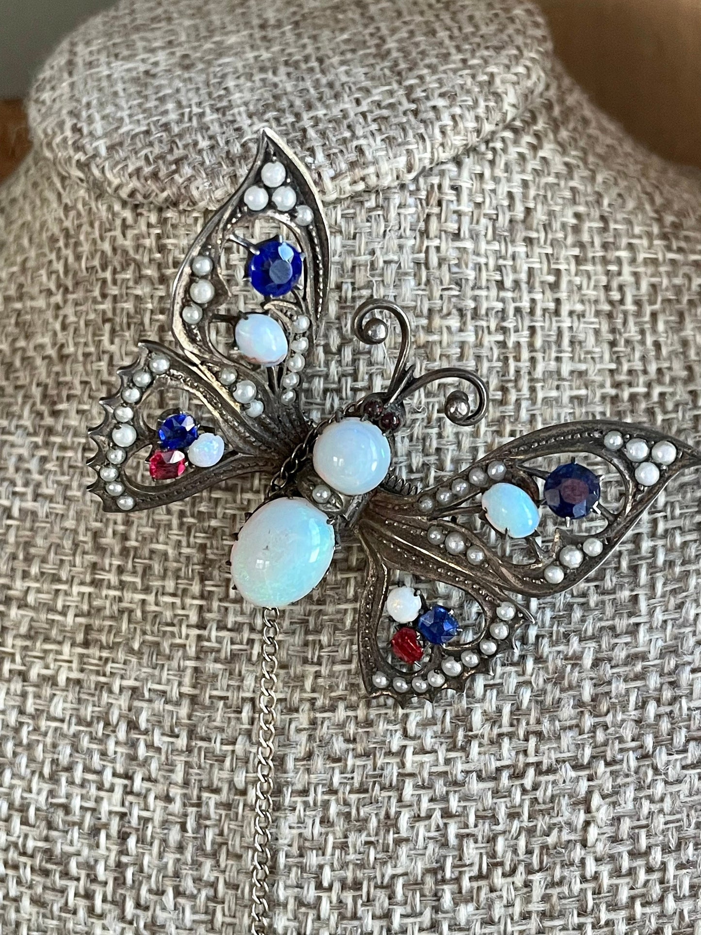Late Victorian Early 20th Century 8K Opal Hinged Butterfly Brooch