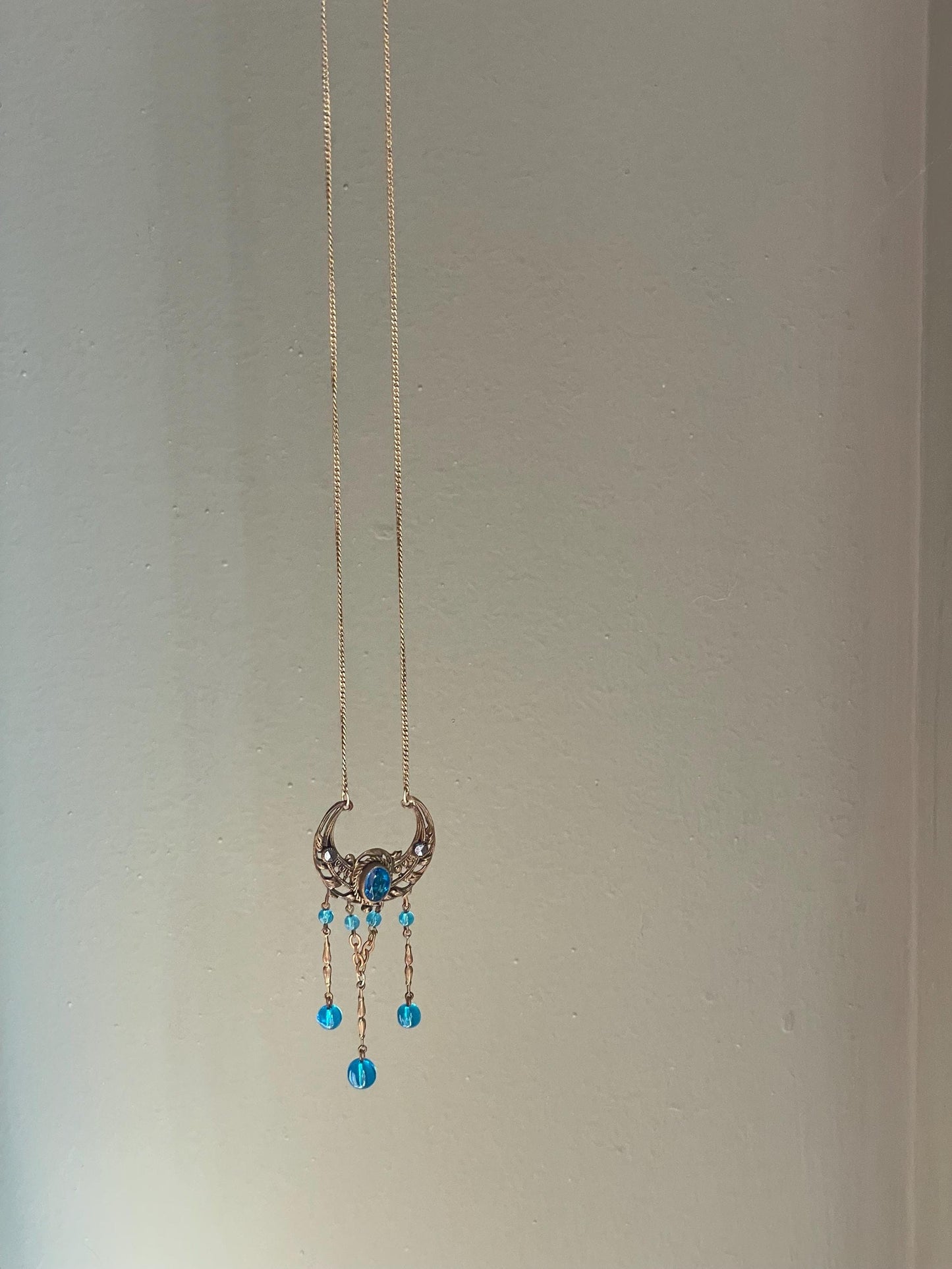 Antique Czechoslovakian Teal Glass Set Pendant in Crescent Moon with Pyrite Accents with Chain