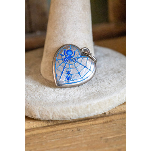 Rare Vintage Sterling Silver Blue Enamel Spider and Fly Puffy Heart Charm Pendant