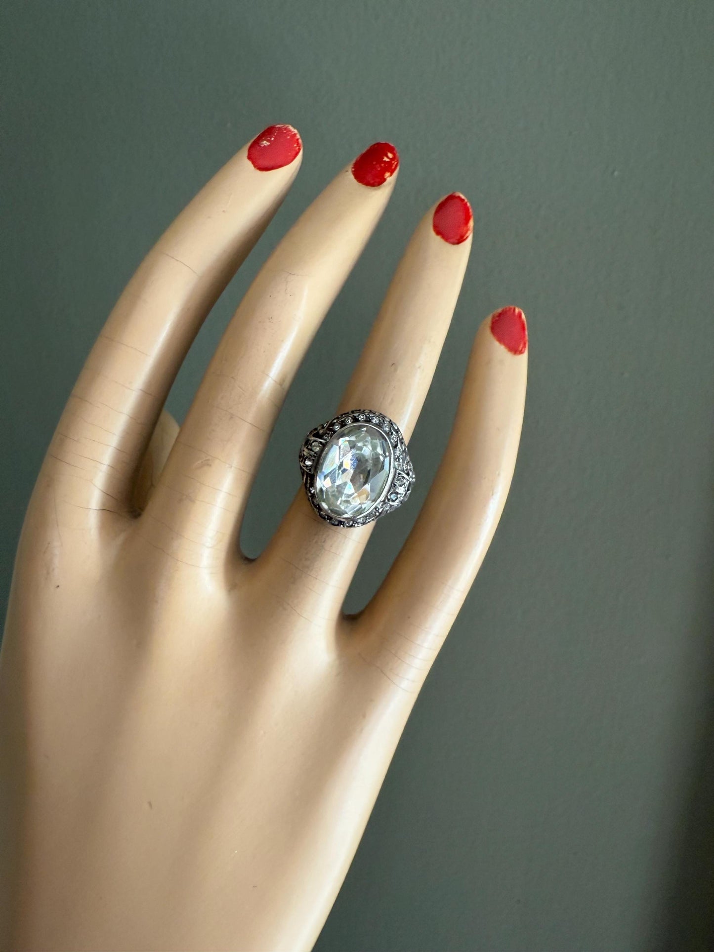 Art Deco Sterling Silver Oval Crystal Ring c1930