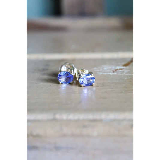 14K Yellow Gold Oval Tanzanite Gemstone Stud Earrings