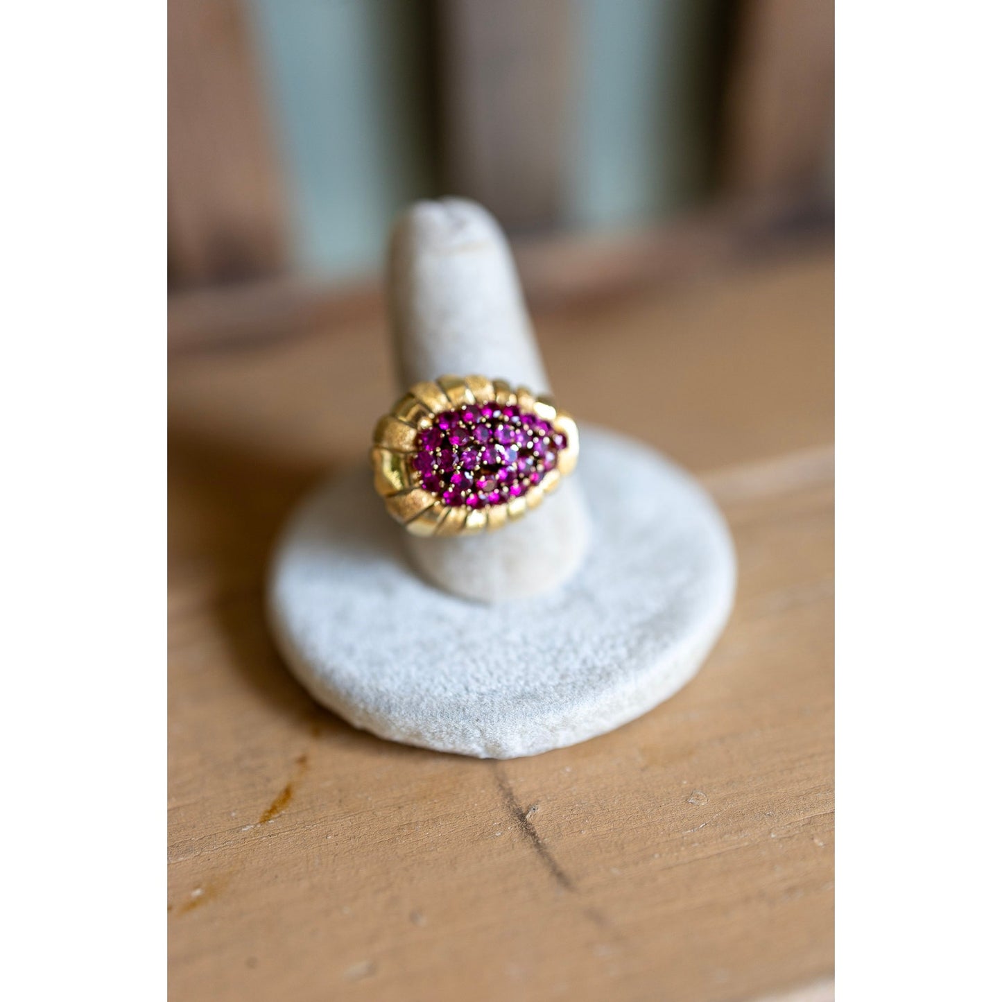 Mid Century 1950's 18K Yellow Gold Ruby Set Cocktail Ring