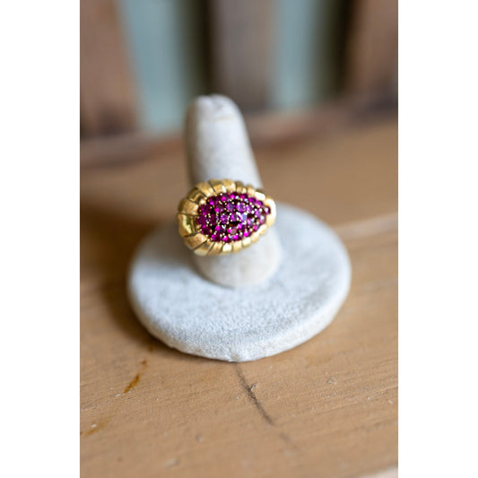 Mid Century 1950's 18K Yellow Gold Ruby Set Cocktail Ring