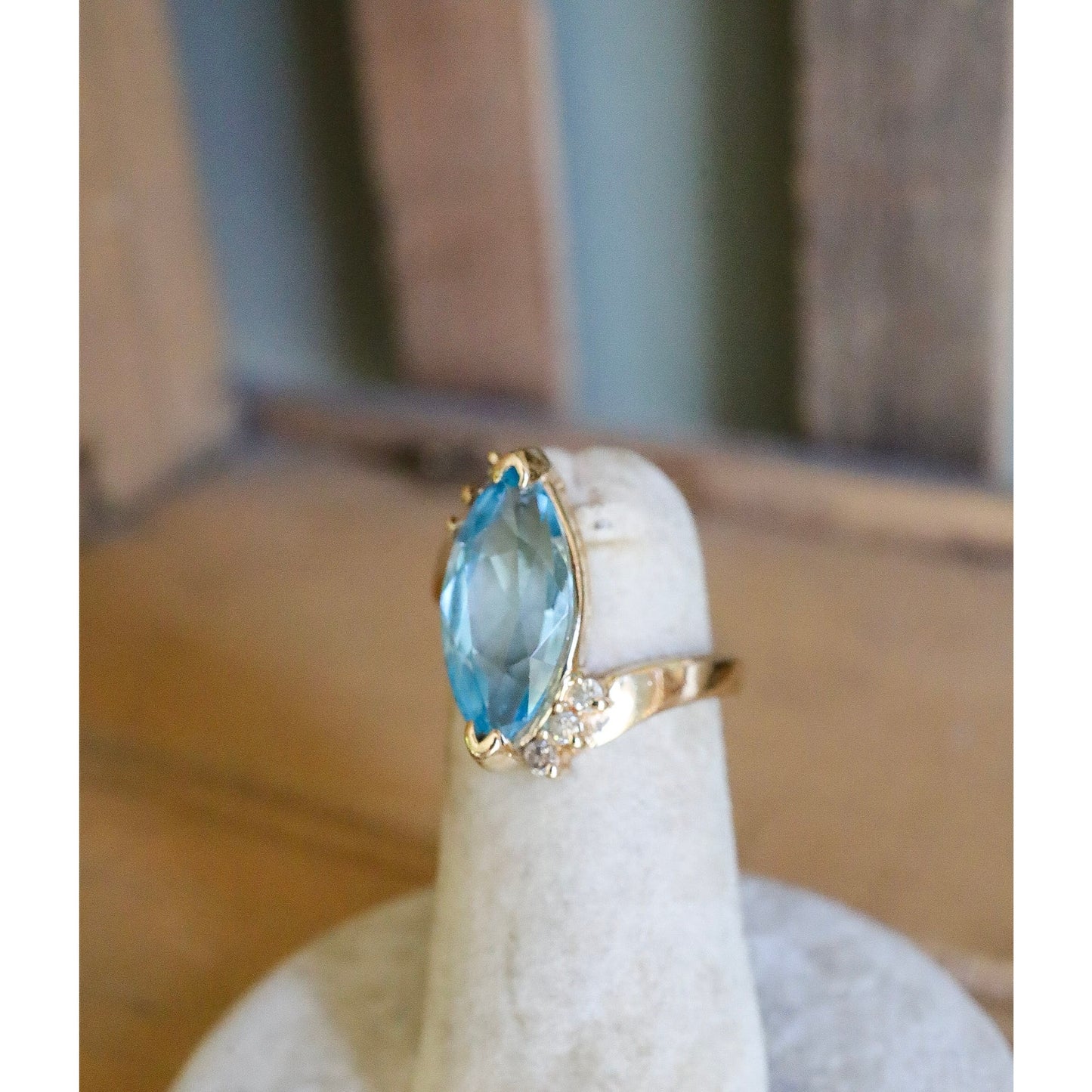 Vintage 10K Yellow Gold Marquis Cut Blue Topaz and Diamond Ring