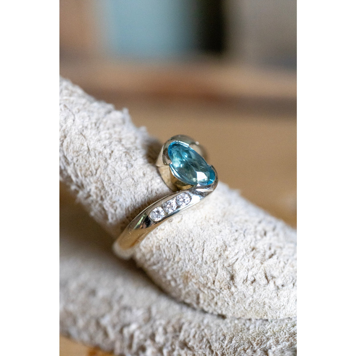 Handmade Vintage 14K White Gold Aquamarine and Diamond Ring