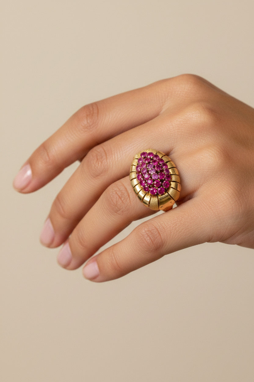 Mid Century 1950's 18K Yellow Gold Ruby Set Cocktail Ring