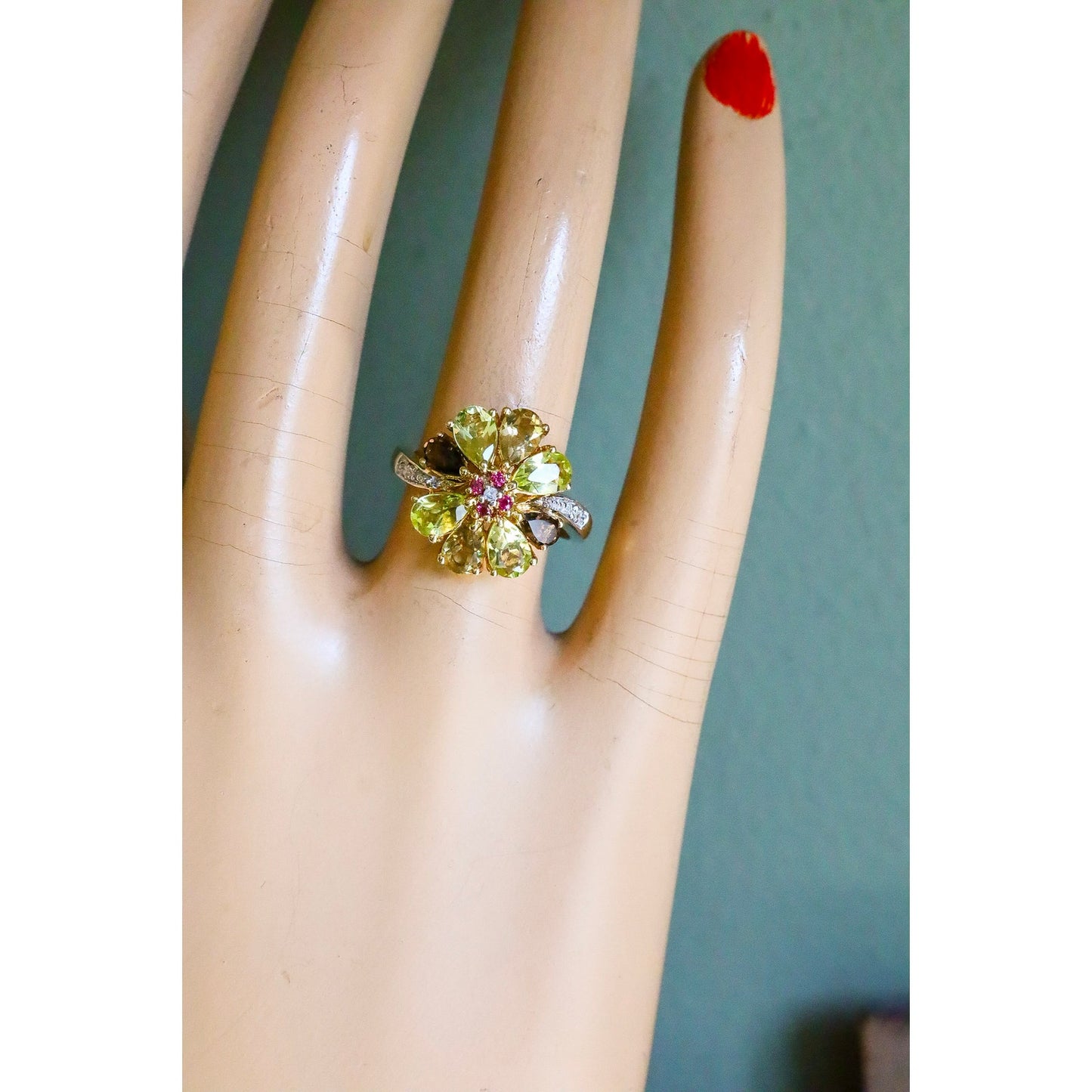 Unique Vintage Multi-Hue Citrine, Ruby and Diamond 10K Yellow Gold Ring