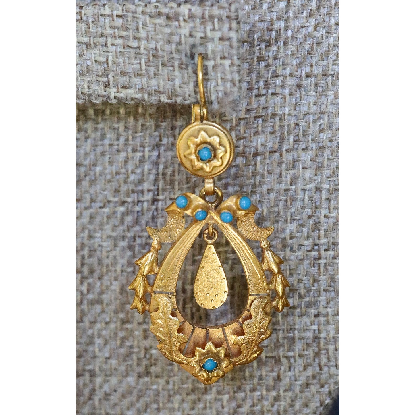 Antique Victorian 14K Yellow Gold Turquoise Set Dangle Earrings