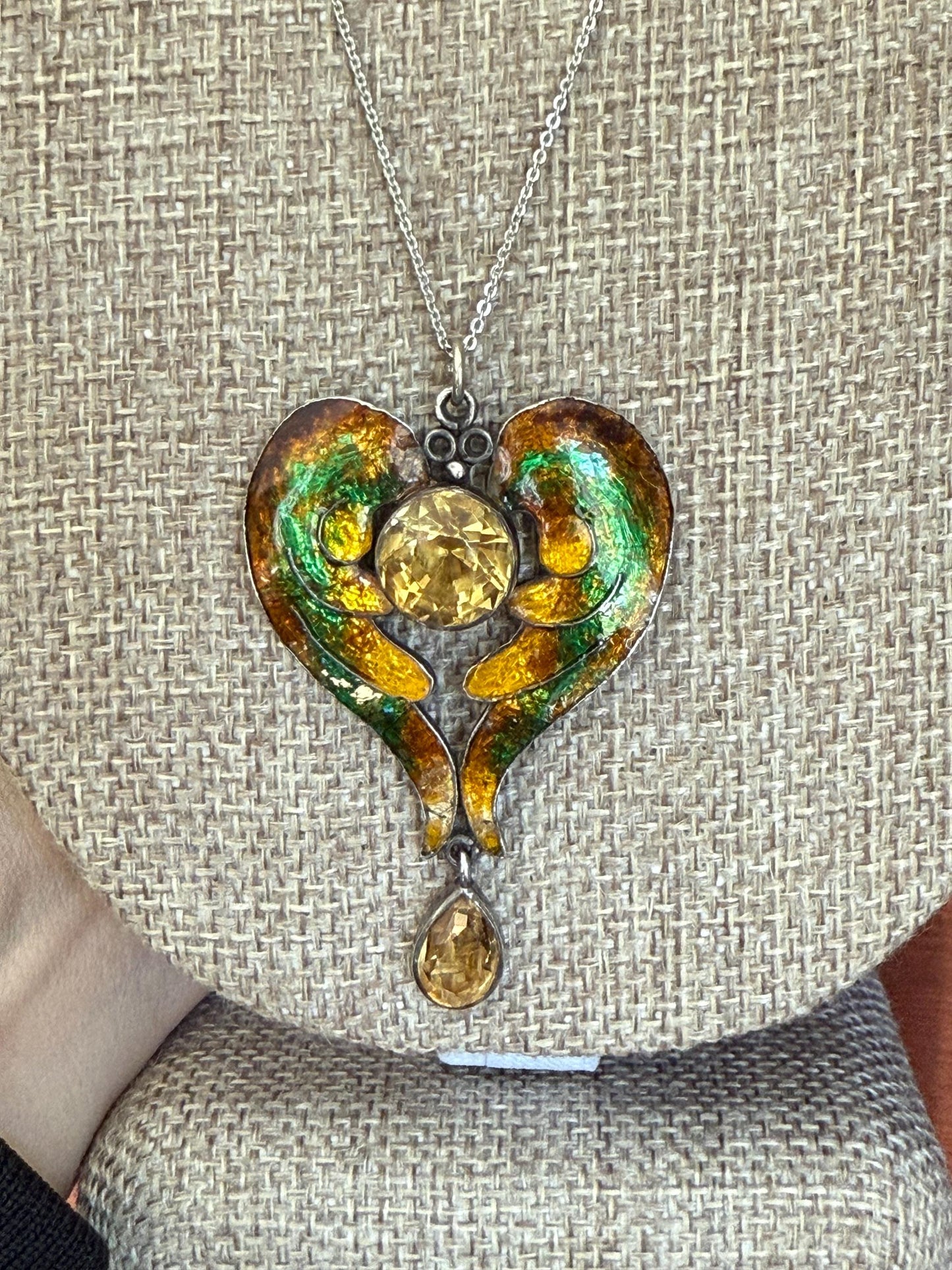 An Antique Arts and Crafts Handmade Silver Enamel Wings Citrine Pendant