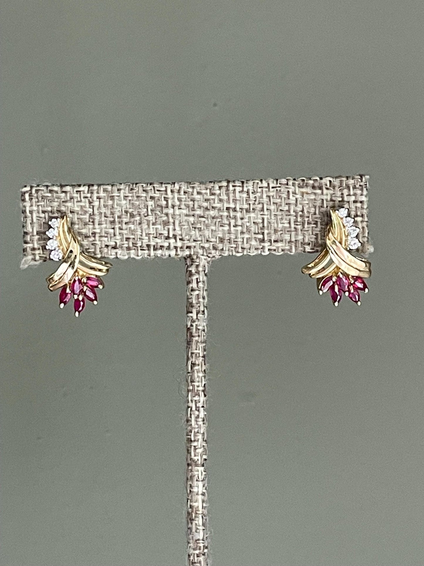 Vintage 14K Yellow Gold Ruby and Diamond Ribbon Motif Earrings