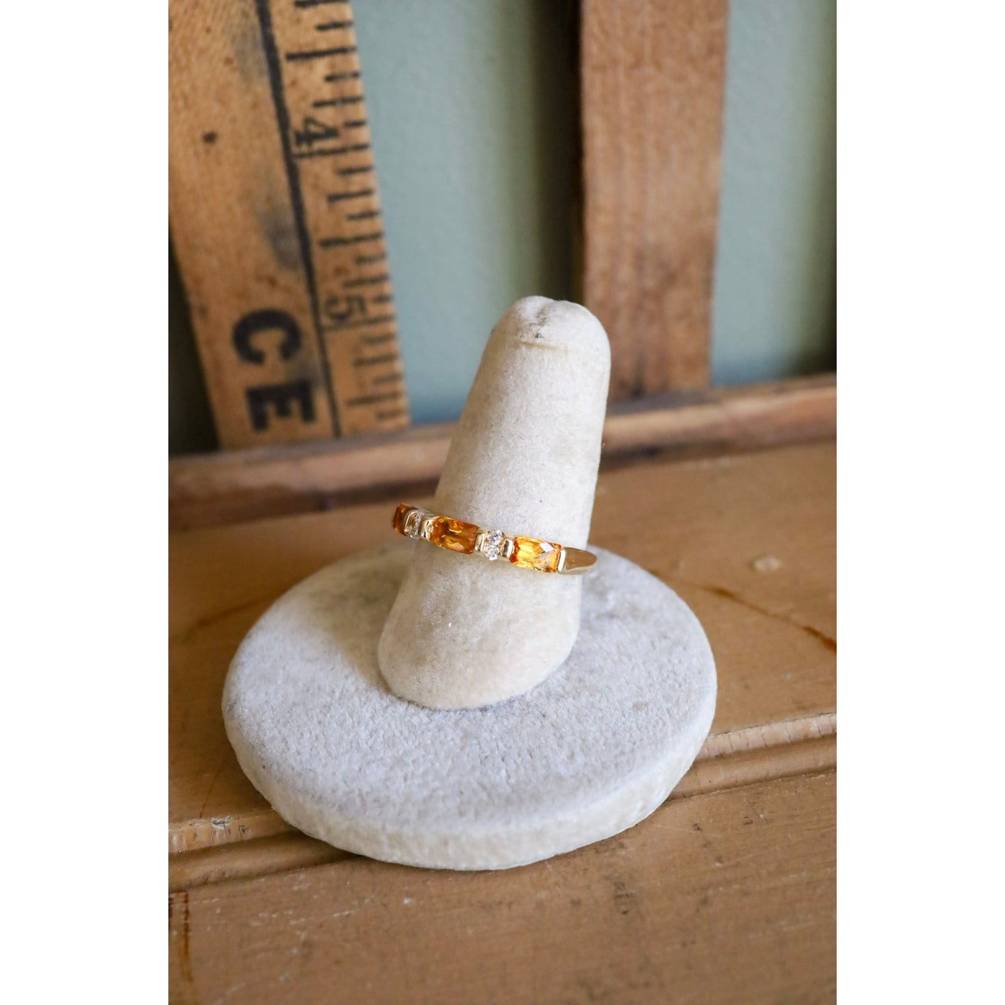 Vintage 14K Yellow Gold Citrine and Diamond Band Ring