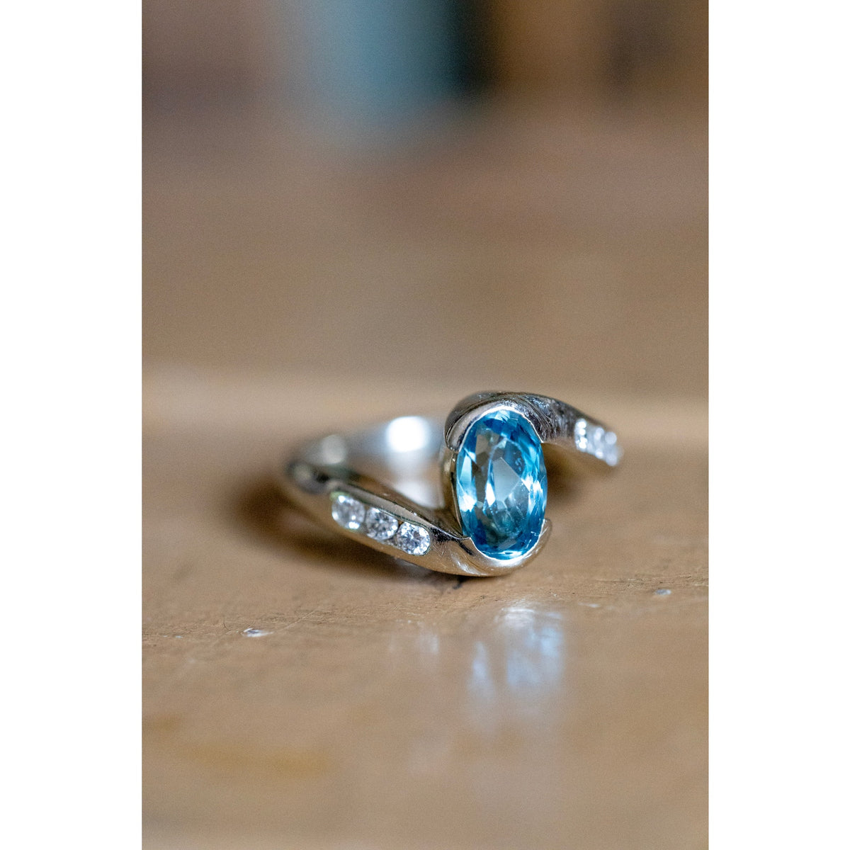 Handmade Vintage 14K White Gold Aquamarine and Diamond Ring
