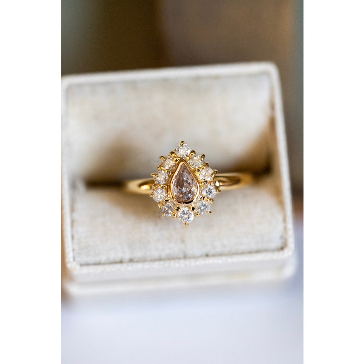 GIA Certified Natural Light Pink-Brown Diamond Ring with Halo in 18K Yellow Gold
