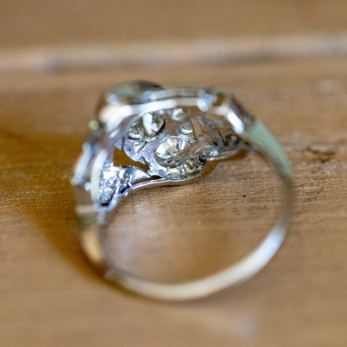 Vintage 14K White Gold Mine Cut and Old European Cut Natural Diamond Ring