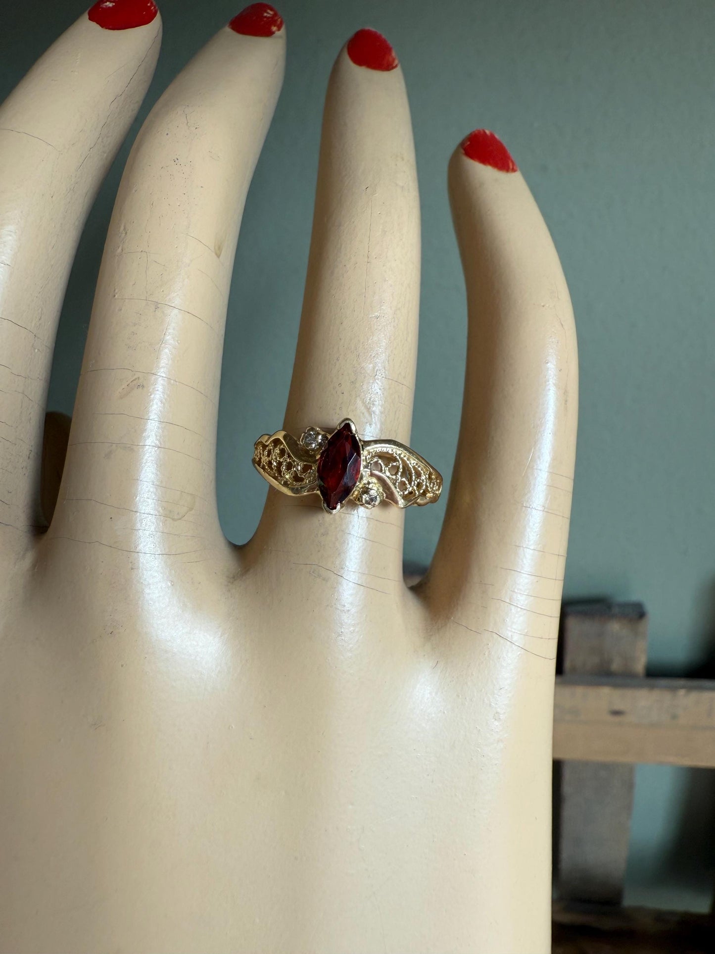 14K Beverly Hills Yellow Gold Marquis Garnet and Diamond Ring