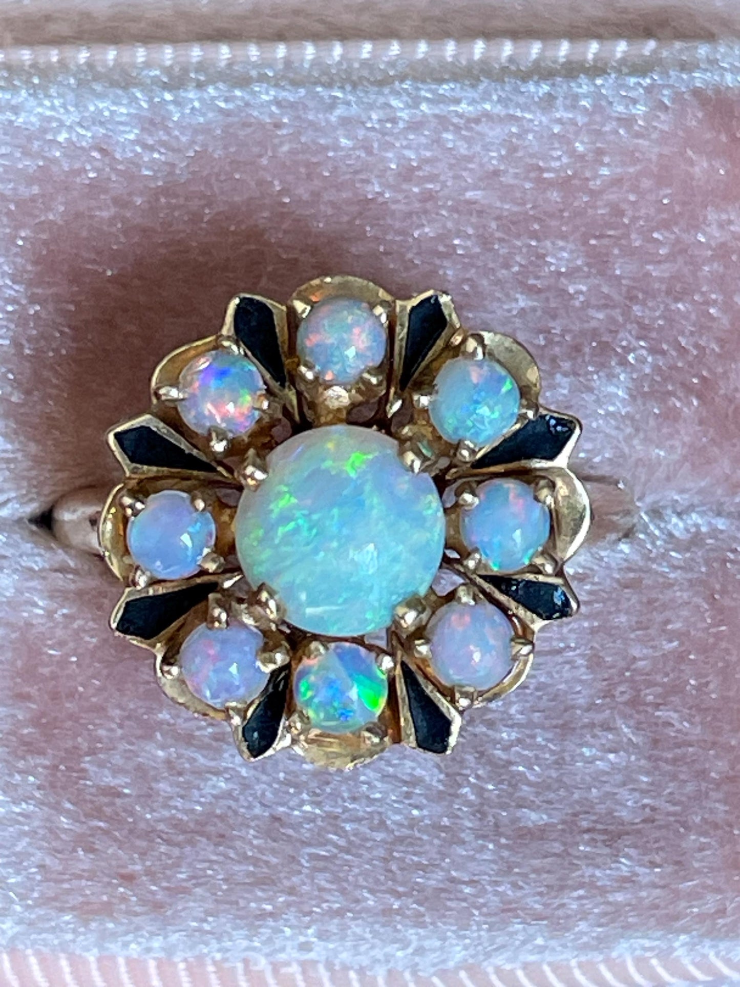 Vintage c1970 14K Yellow Gold Opal and Black Enamel Ring Victorian Revival