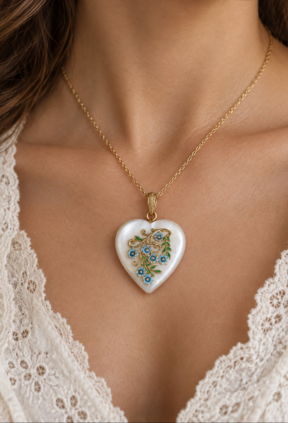 Vintage Mother of Pearl Heart Pendant with Blue Enamel Flowers