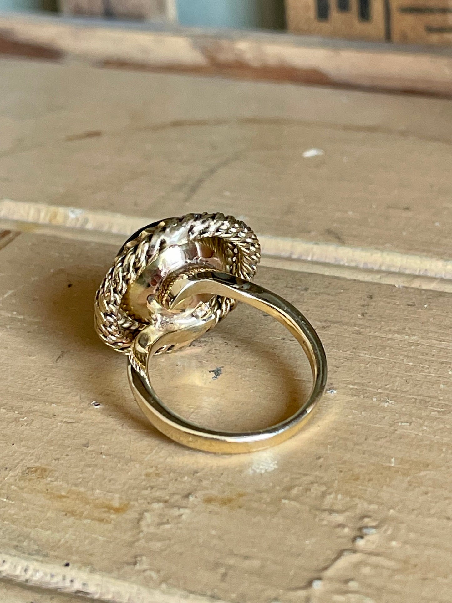 Antique Onyx Rose Cut Diamond Pansy Ring in 14K Yellow Gold